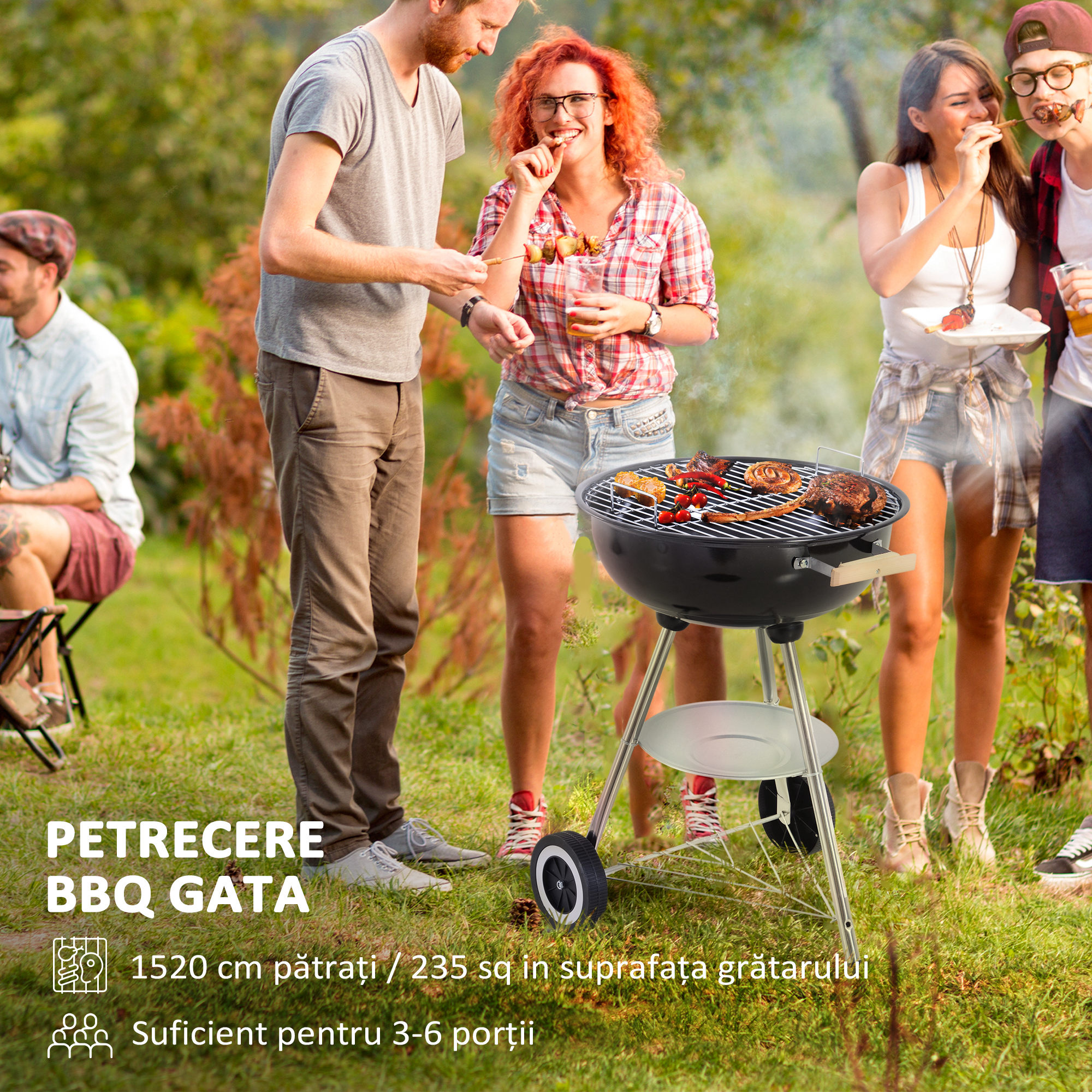  Gratar cu Carbuni, Grilaj Metalic, Capac, Orificii de Aerisire, Roti, Raft si Maner, 48x56x94 cm, Negru [3]