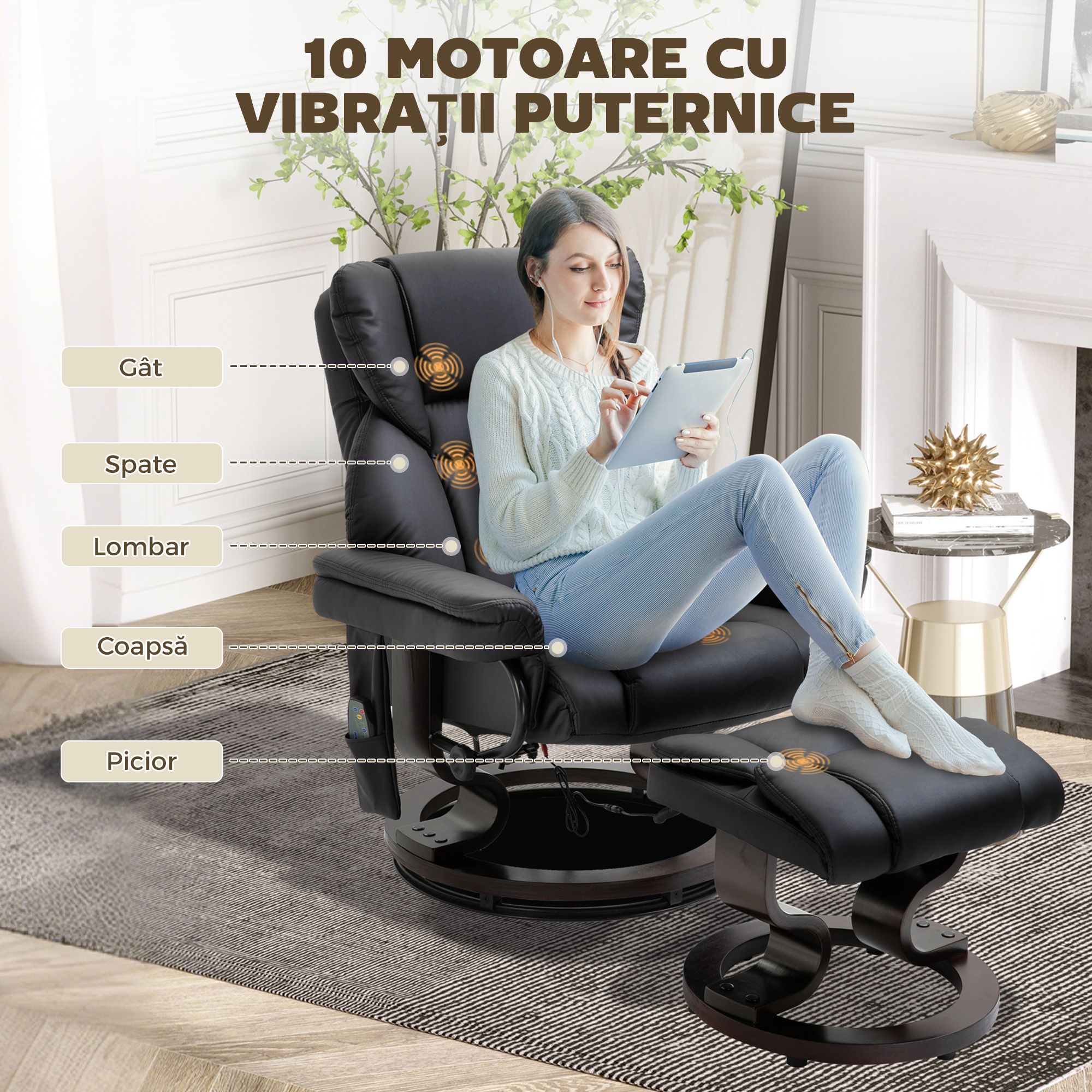  Fotoliu Relax cu Taburet Suport pentru Picioare si Functie de Masaj, Rabatabil la 145° si Rotativ la 360°, Negru [3]