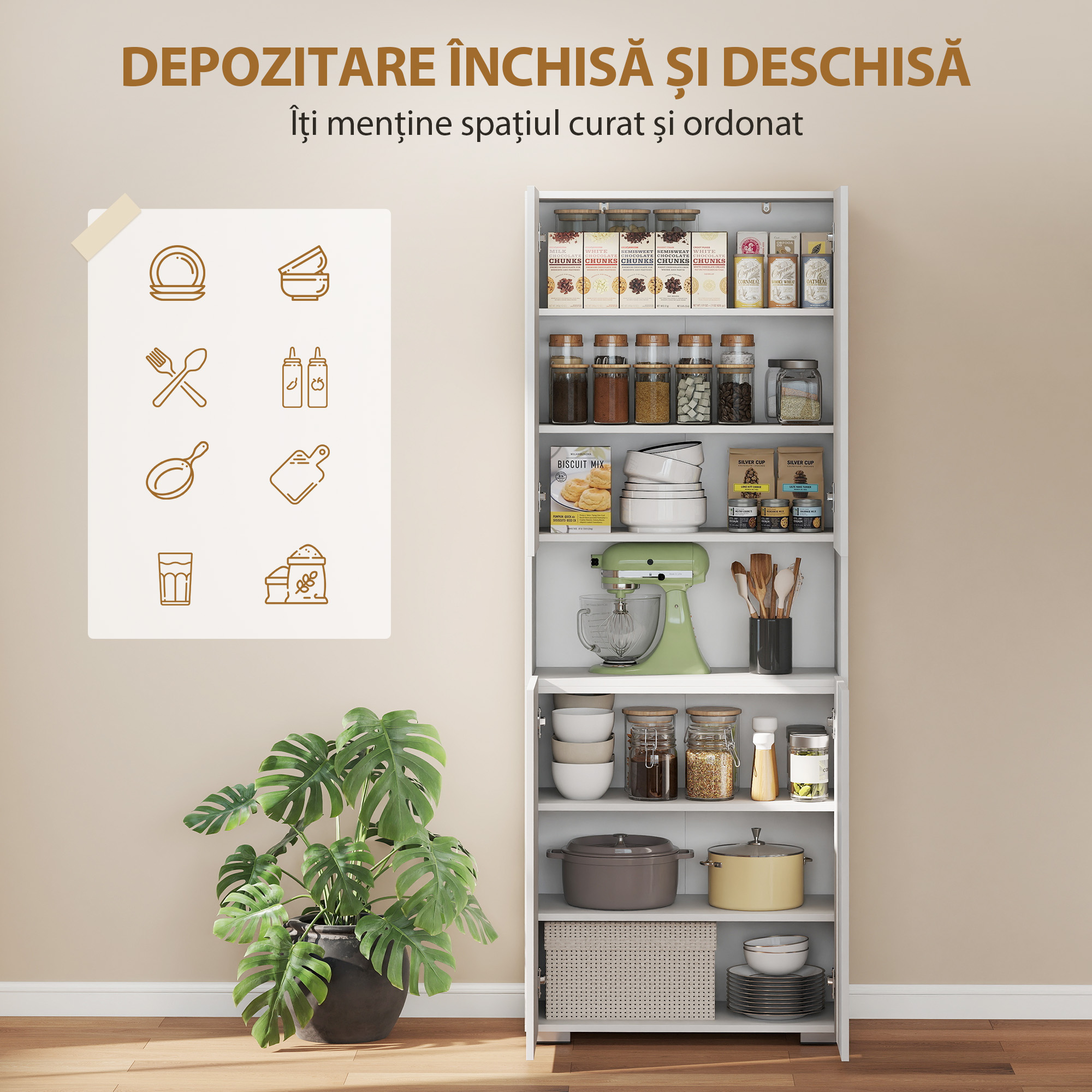  Dulap Bucatarie inalt 180cm, Mobilier Depozitare cu Usi Soft-Close, Raft Deschis, 2 Dulapuri, Rafturi Ajustabile, Stil Modern pentru Sufragerie sau Bucatarie, Alb Lucios [4]