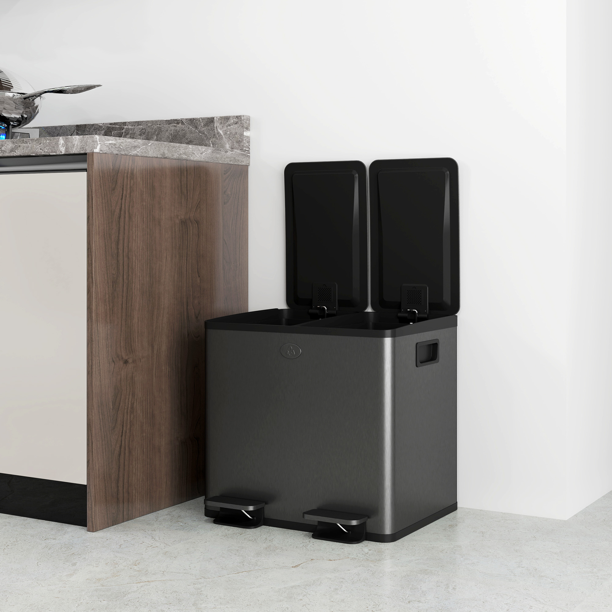  Cos de Gunoi cu 2 Sectiuni de 15L, cu inchidere Silentioasa, din Otel Inoxidabil si PP, 41.7x36.6x43.2 cm, Negru [8]