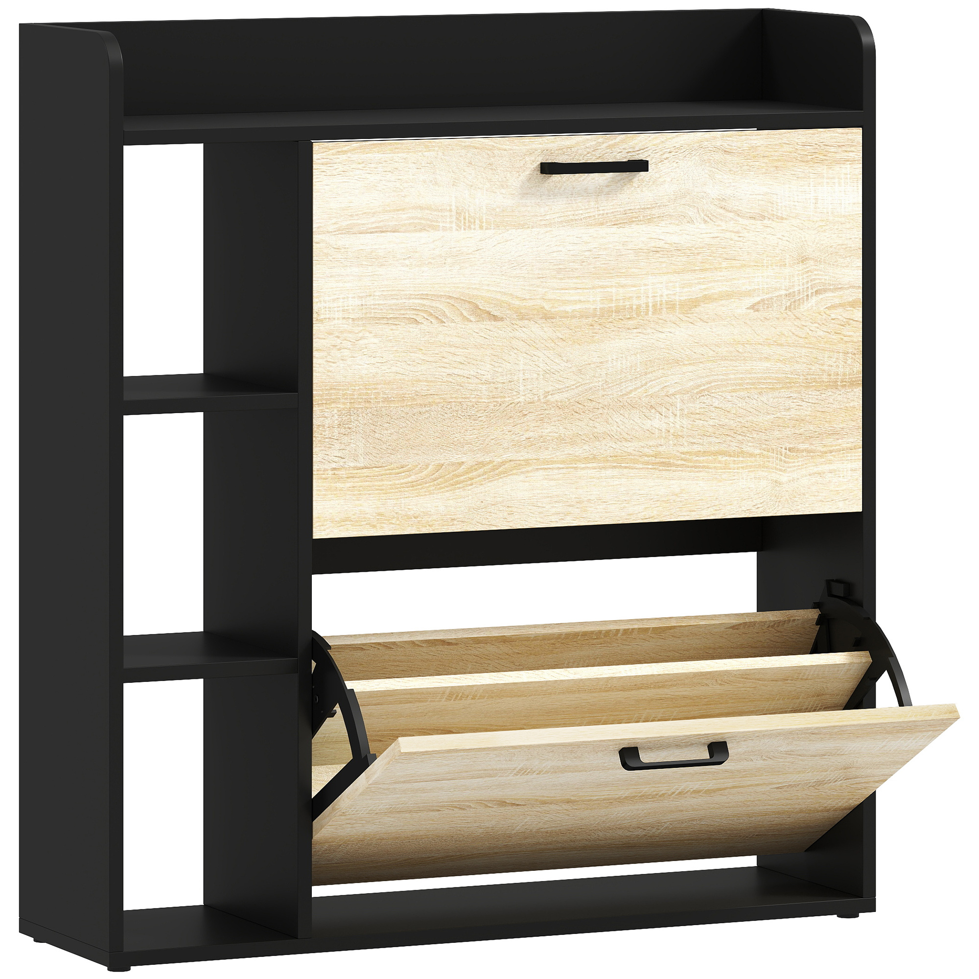 Living & hol -  Dulap pentru pantofi slim cu 2 sertare si 3 compartimente deschise, Capacitate 15 perechi, 83x24x90.5 cm, Negru