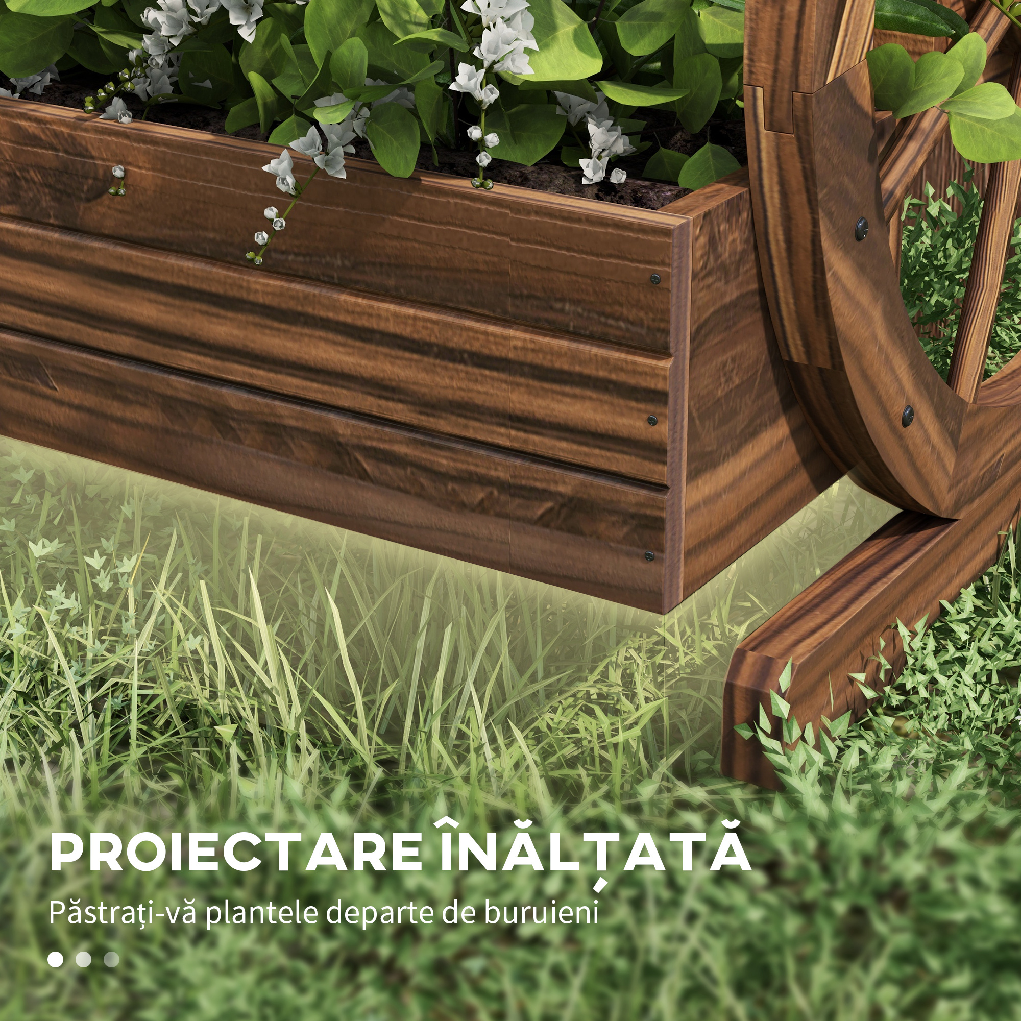  Jardiniera de Exterior cu 3 Niveluri, cu Roti Decorative din Lemn de Brad Carbonizat, 62x61x57 cm [5]