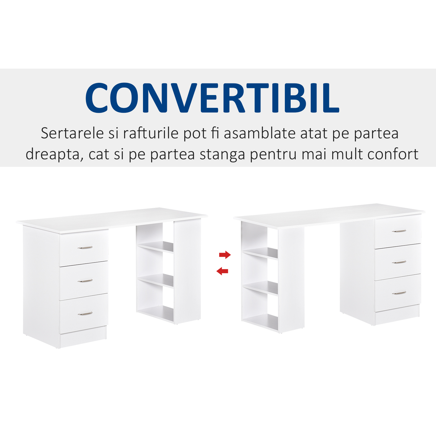  Birou modern cu 3 Sertare si Rafturi in Lemn Alb 120x49x72cm [5]