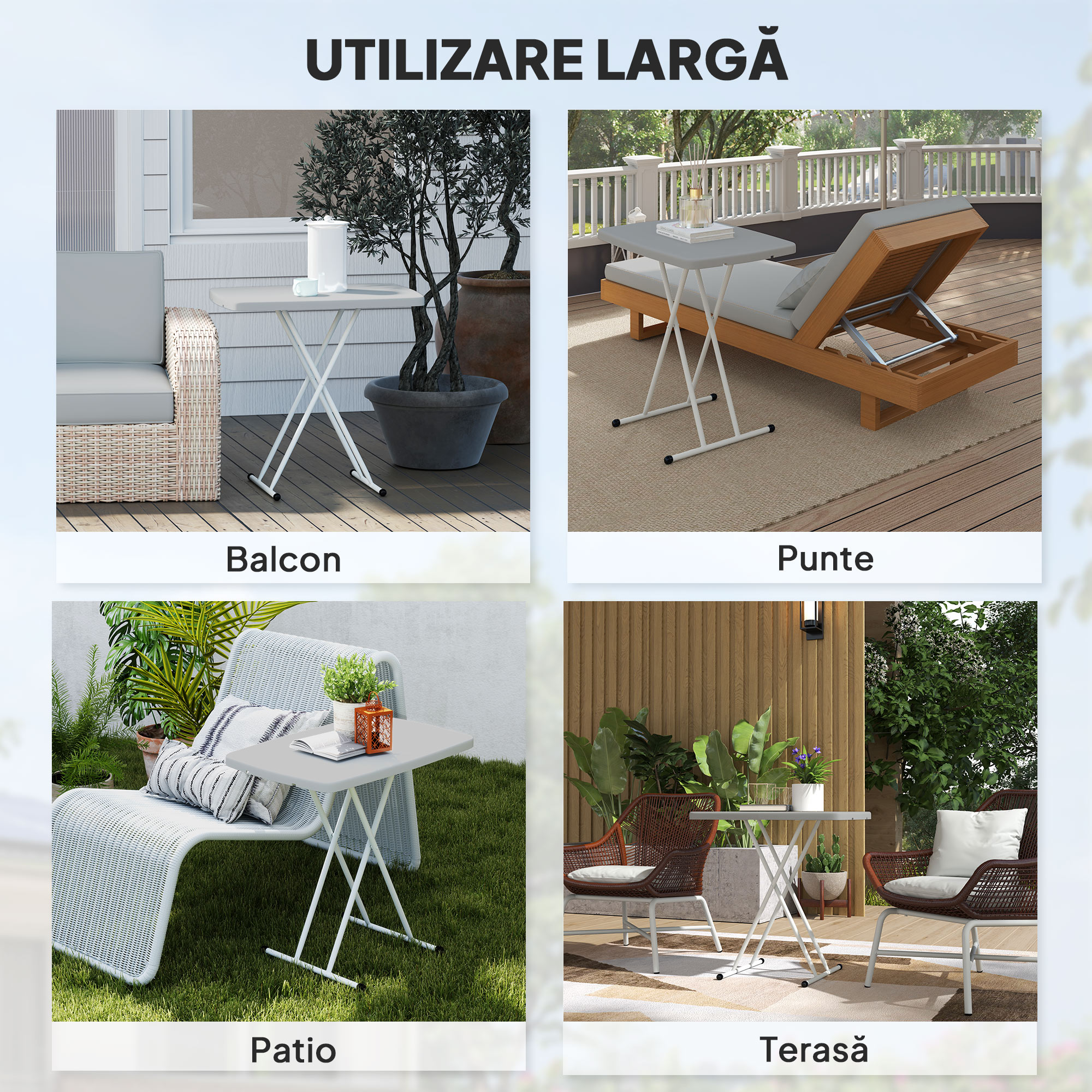  Masuta de Cafea Pliabila, Reglabila pe inaltime si Portabila, cu Blat HDPE si Cadru Metalic, 76x50x74 cm, Alb [6]