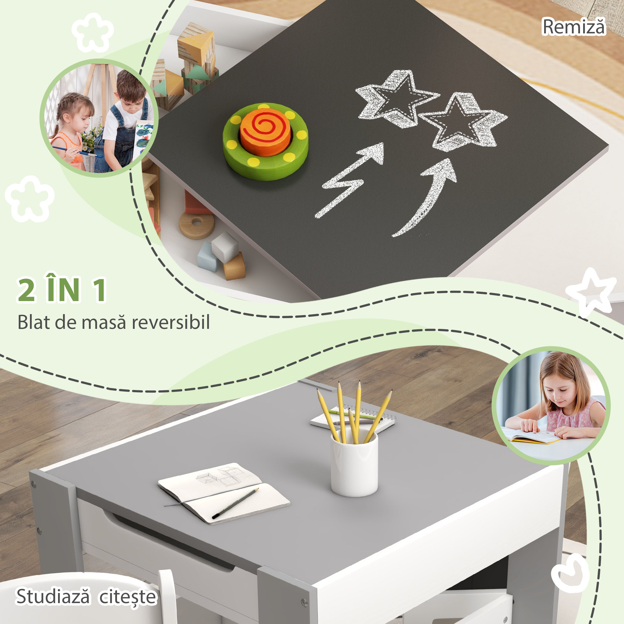  Set Masa pentru Copii si 2 Scaune, Blat 3 in 1 cu Tabla de Scris si Spatii de Depozitare, Gri [3]
