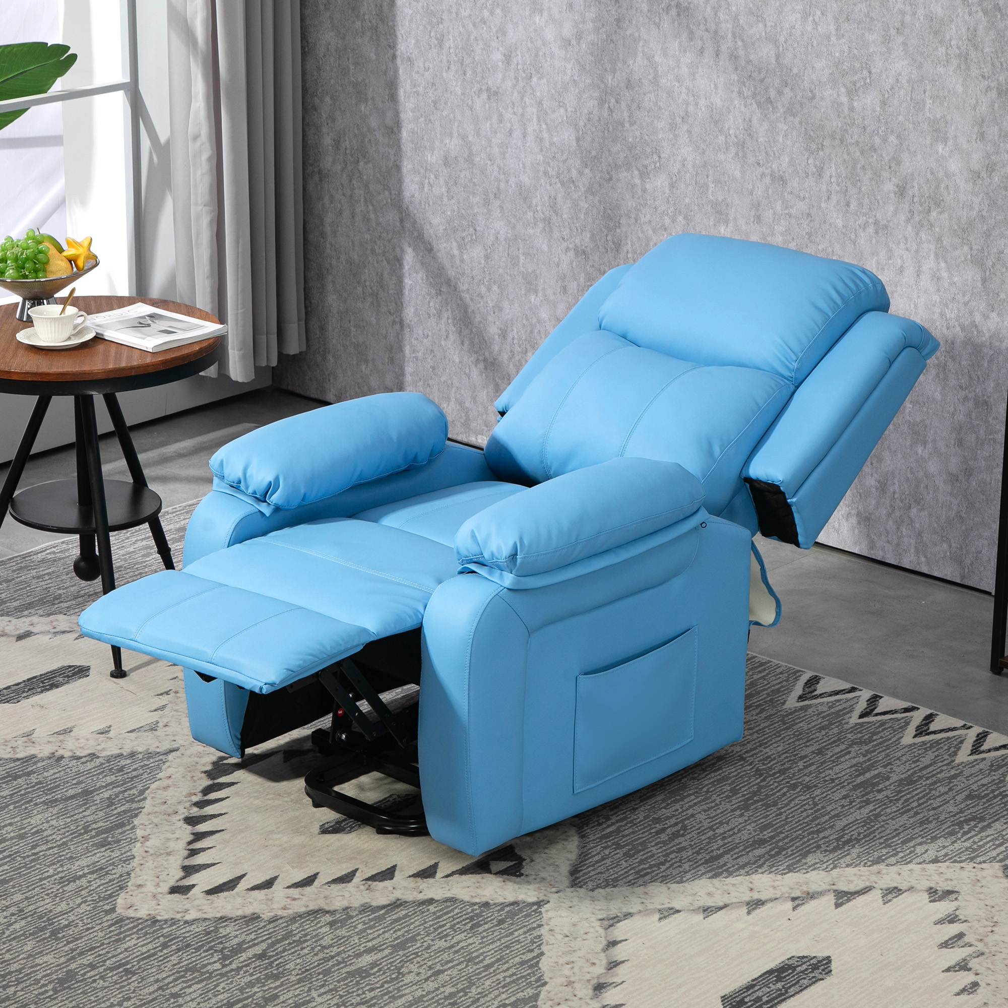  Fotoliu Electric Reclinabil cu Functie de Ridicare, Suport pentru Picioare si Telecomanda, din Piele PU, 76x90x105 cm, Albastru [6]