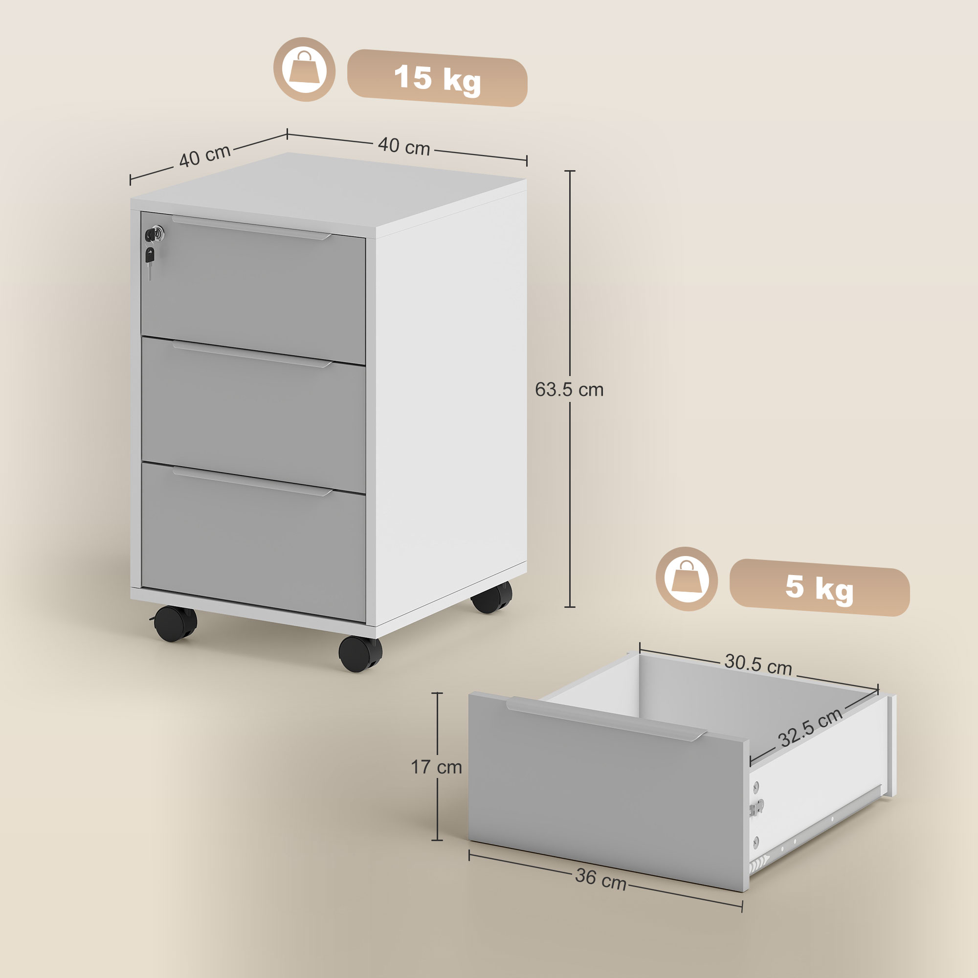  Schedario per Ufficio a 3 Cassetti con Chiavi di Sicurezza e 4 Ruote, in Legno, 40x40x63.5 cm, Bianco e Grigio [2]