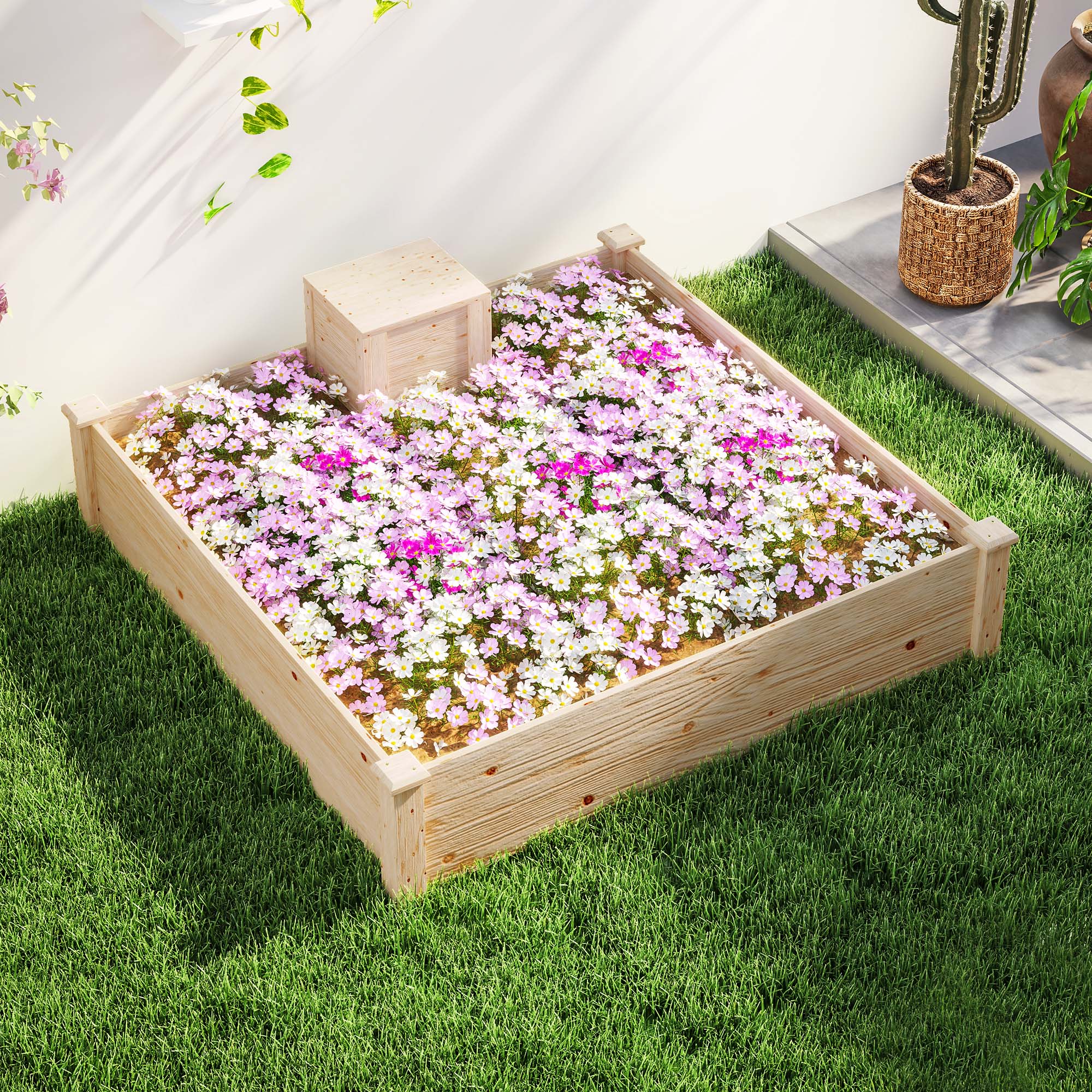  Jardiniera de Exterior cu Compostor si Baza Deschisa din Lemn de Brad, 123x123x25,5 cm, Lemn Natural [8]