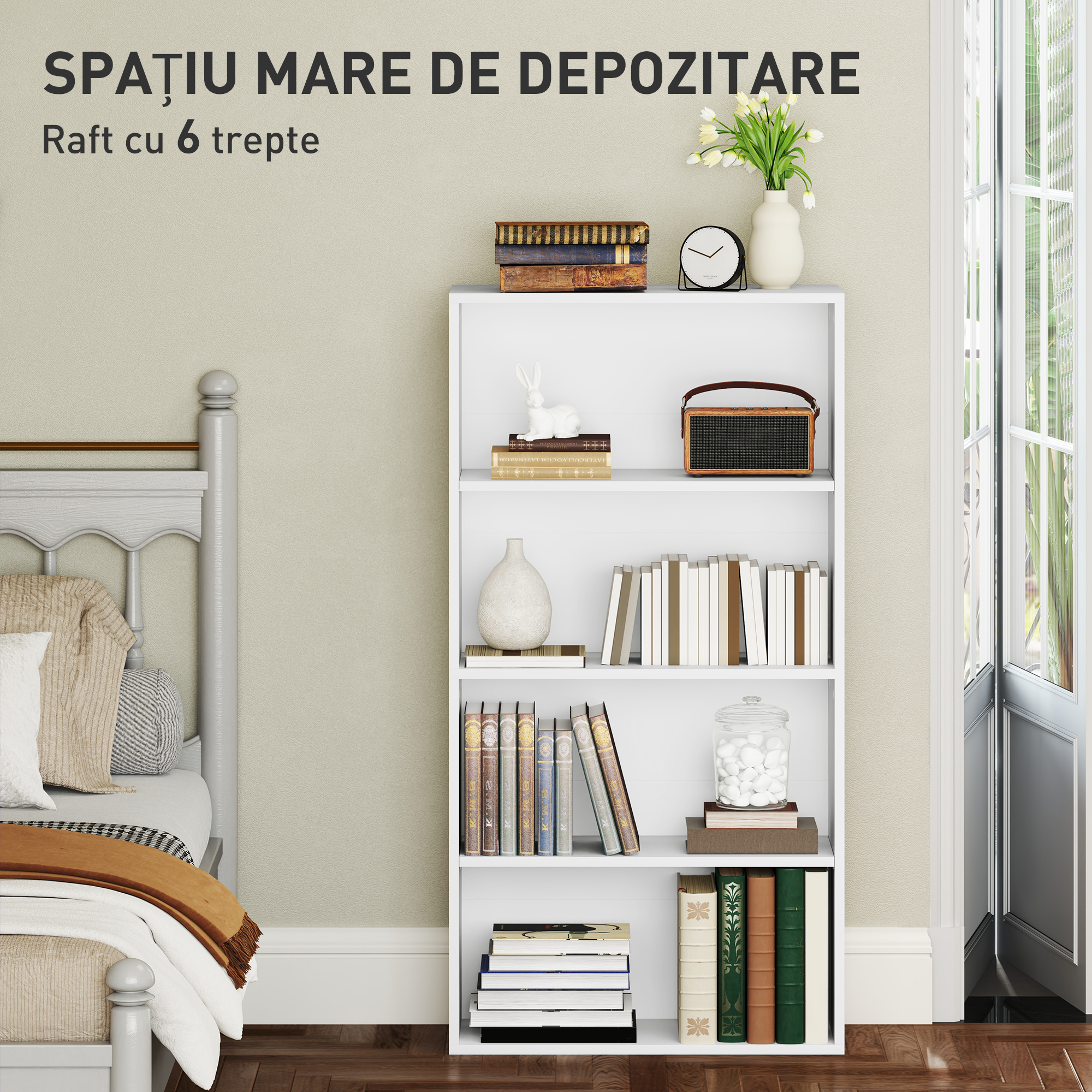  Biblioteca cu 4 Rafturi si 2 Rafturi Flexibile, din Lemn, 60x24x115.5 cm, Alb [3]