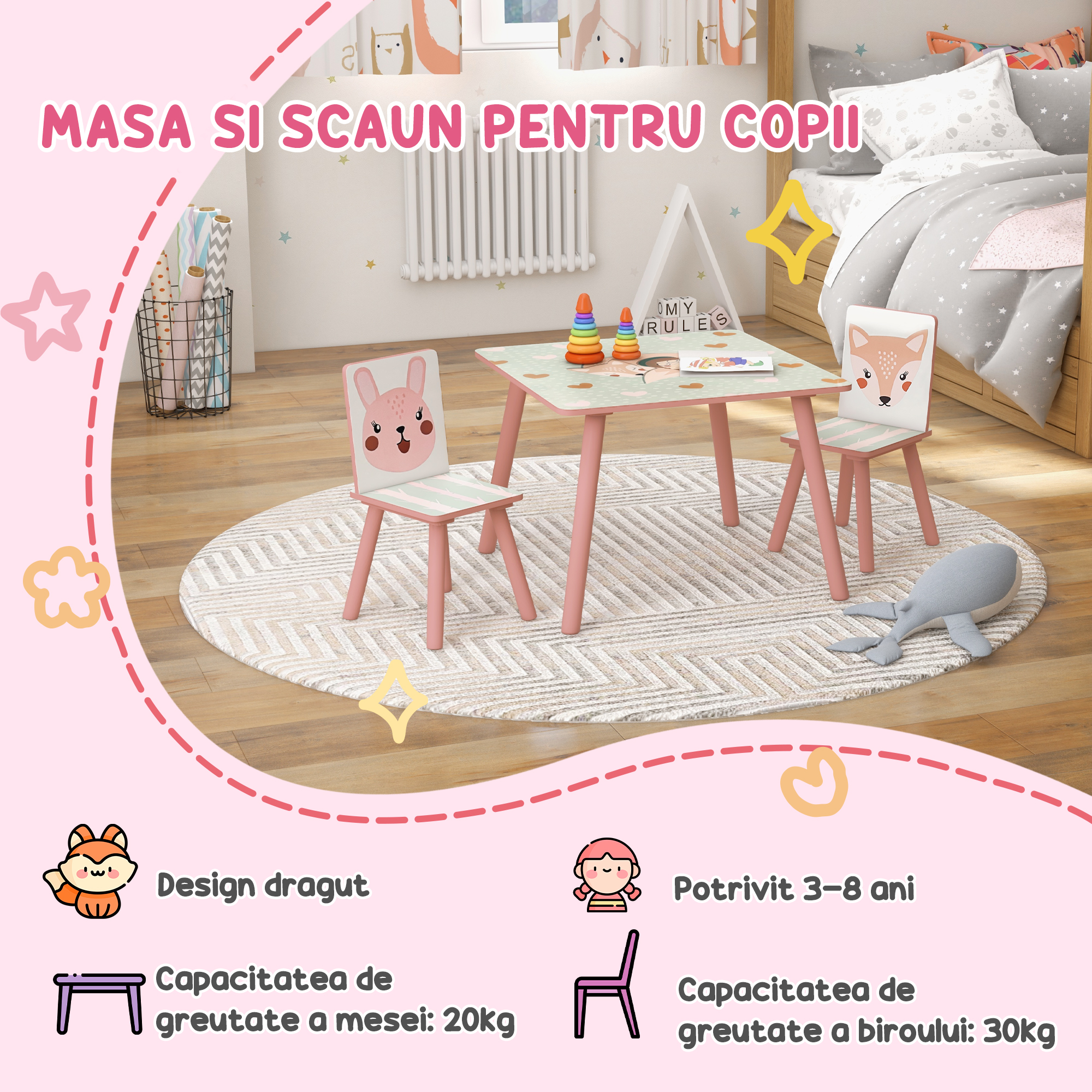  Set masa si scaun 3 piese pentru copii lemn de pin cu desene animale roz pentru scoala mobilier camera copilului birou pentru copii mici [6]