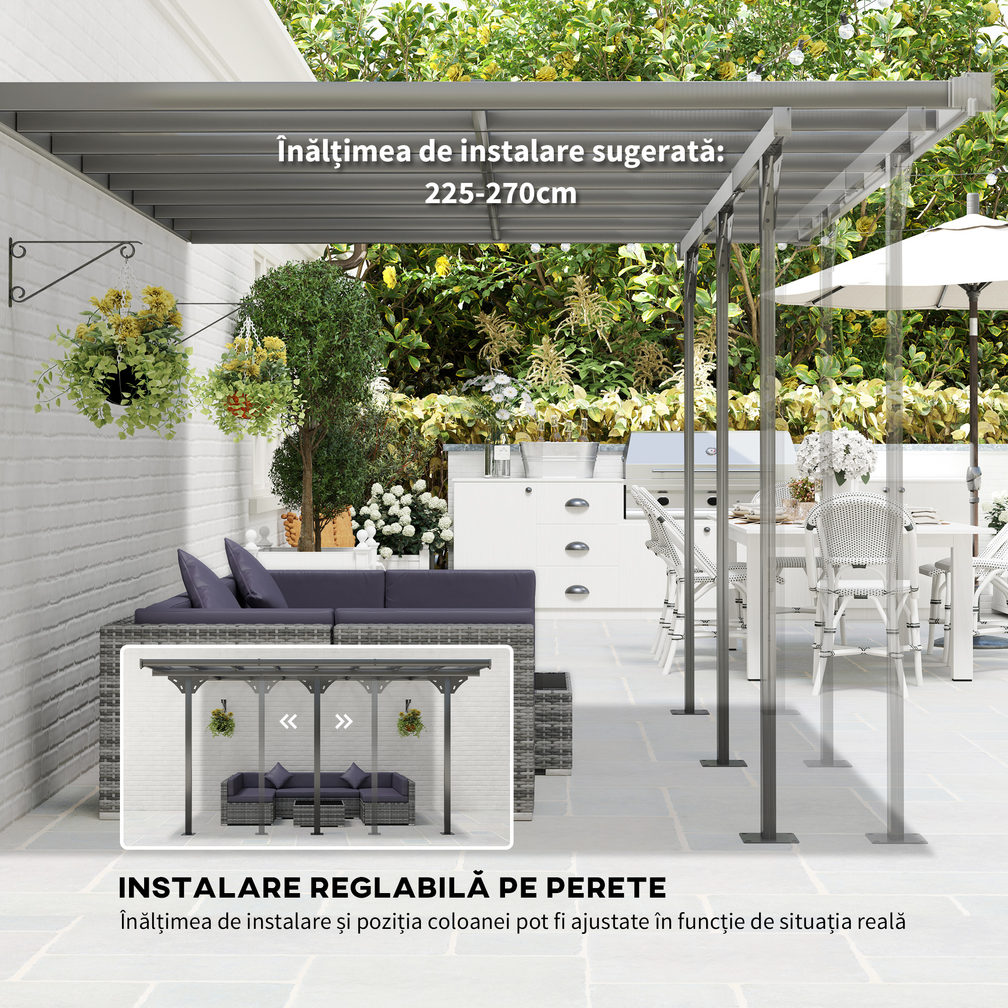  Pergola montata pentru gradina din policarbonat si aluminiu, montare reglabila, gri [3]