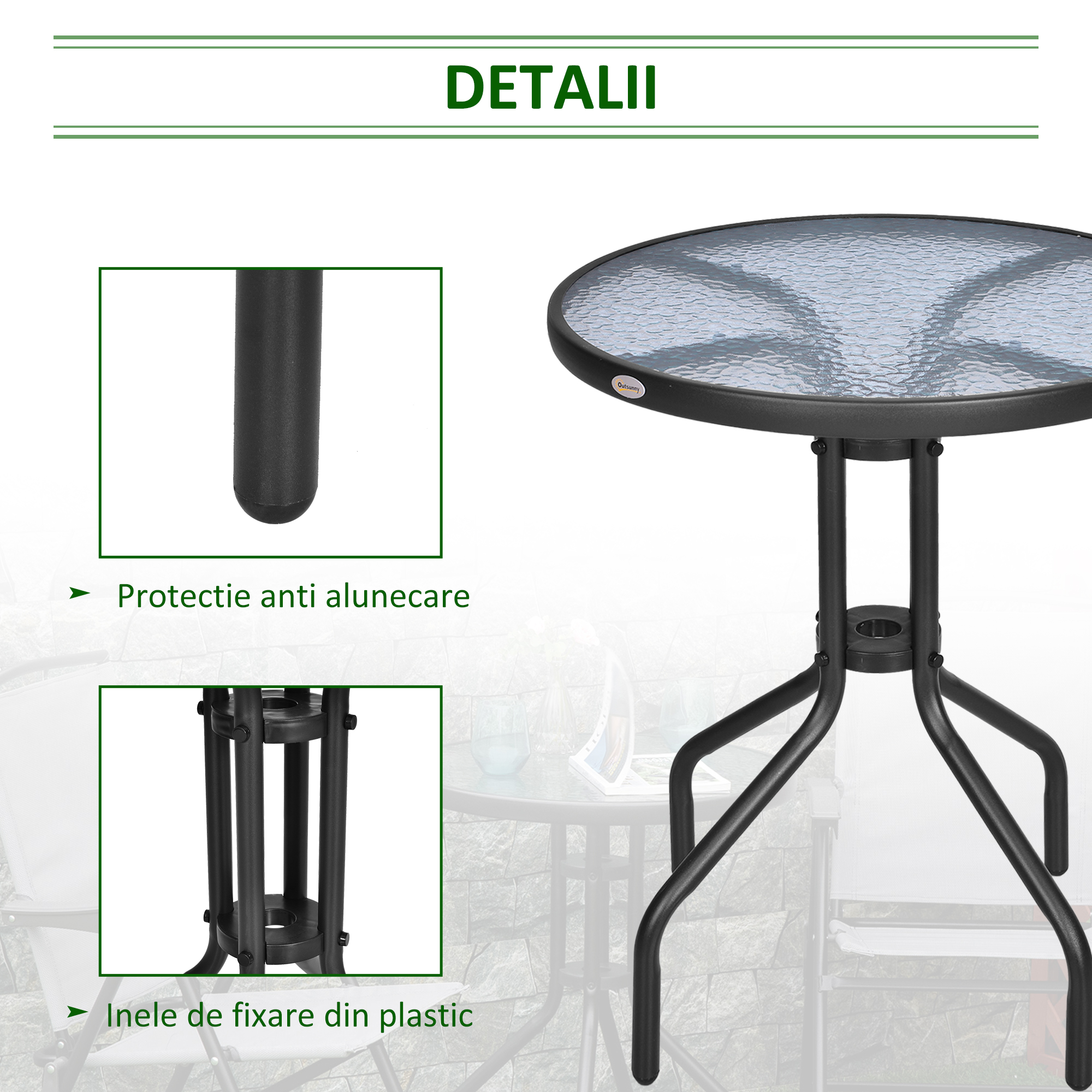  Masa Rotunda de Gradina cu Blat din Sticla Securizata, Φ60x70 cm, Negru [5]