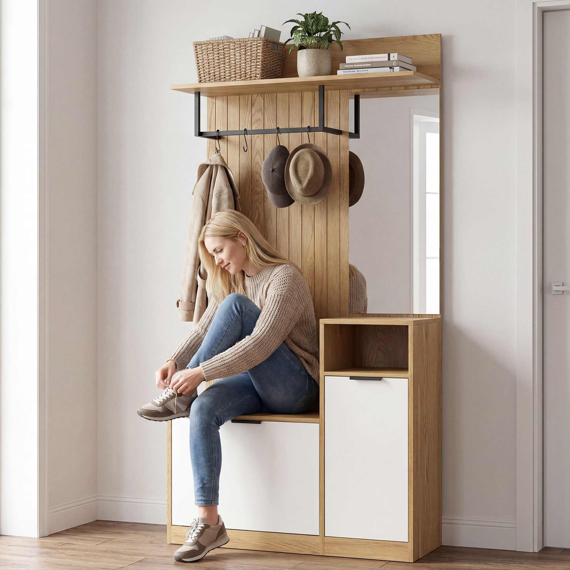  Cuier de Hol cu Bara, 4 Carlige, Banca si Spatiu pentru incaltaminte, Dulap din MDF si Metal, Picioare din Lemn de Cauciuc, Stejar si Alb [6]