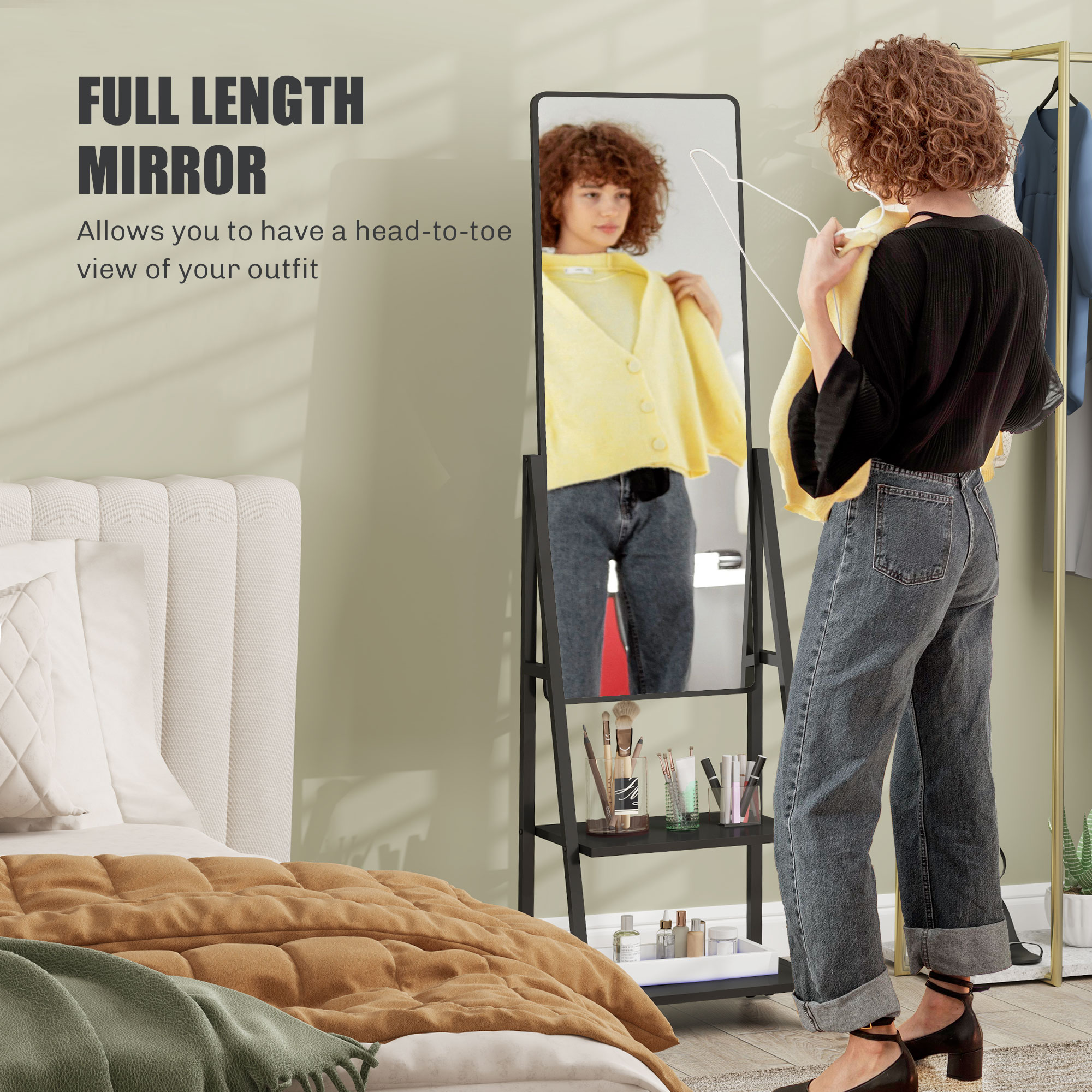  Oglinda Verticala de Podea cu 2 Rafturi si 4 Roti, din Otel si Lemn, 42x37x155 cm, Negru [3]