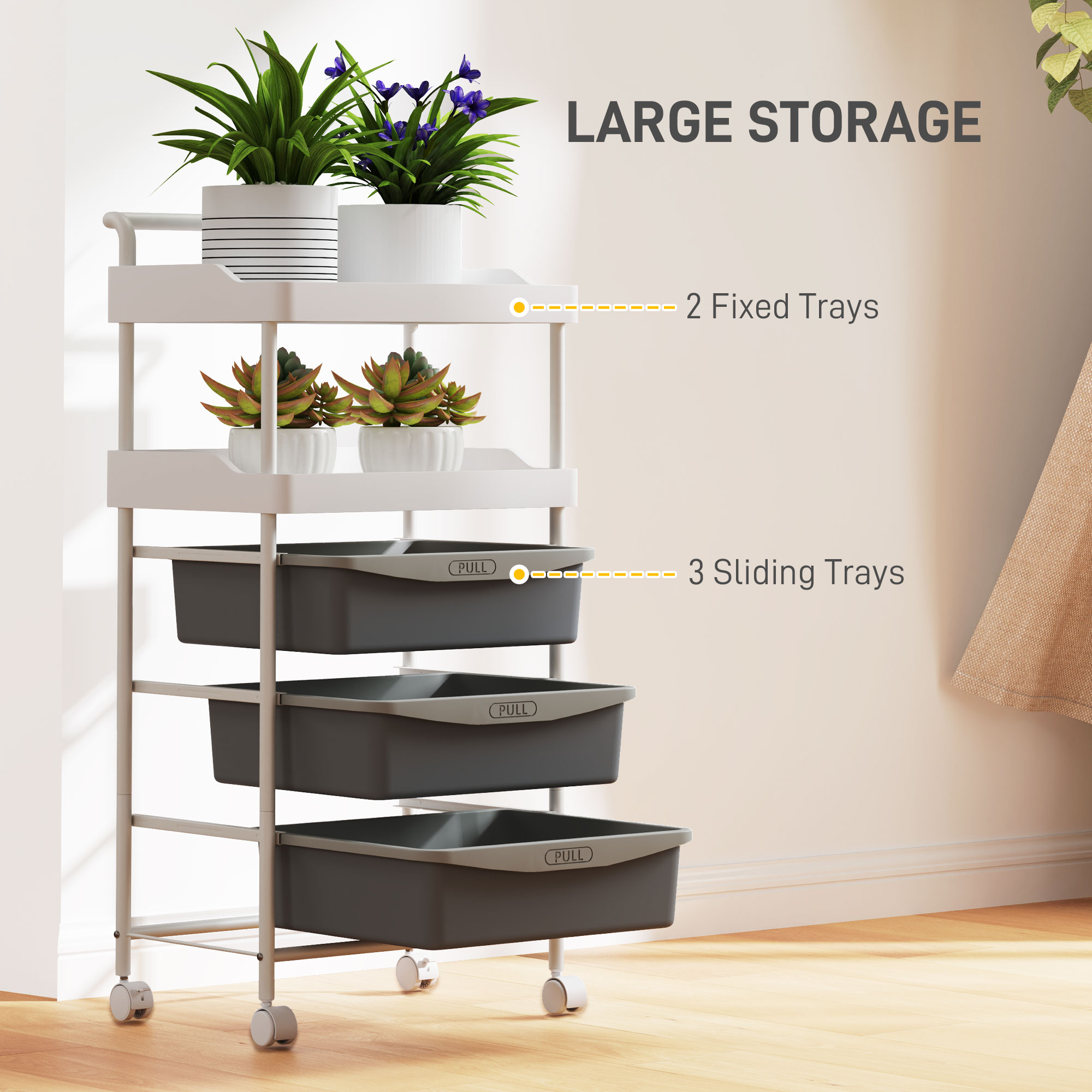  Carucior de Depozitare cu 2 Tavi Fixe si 3 Tavi Glisante, din Otel si PP, 40x34x85 cm, Alb si Gri [3]