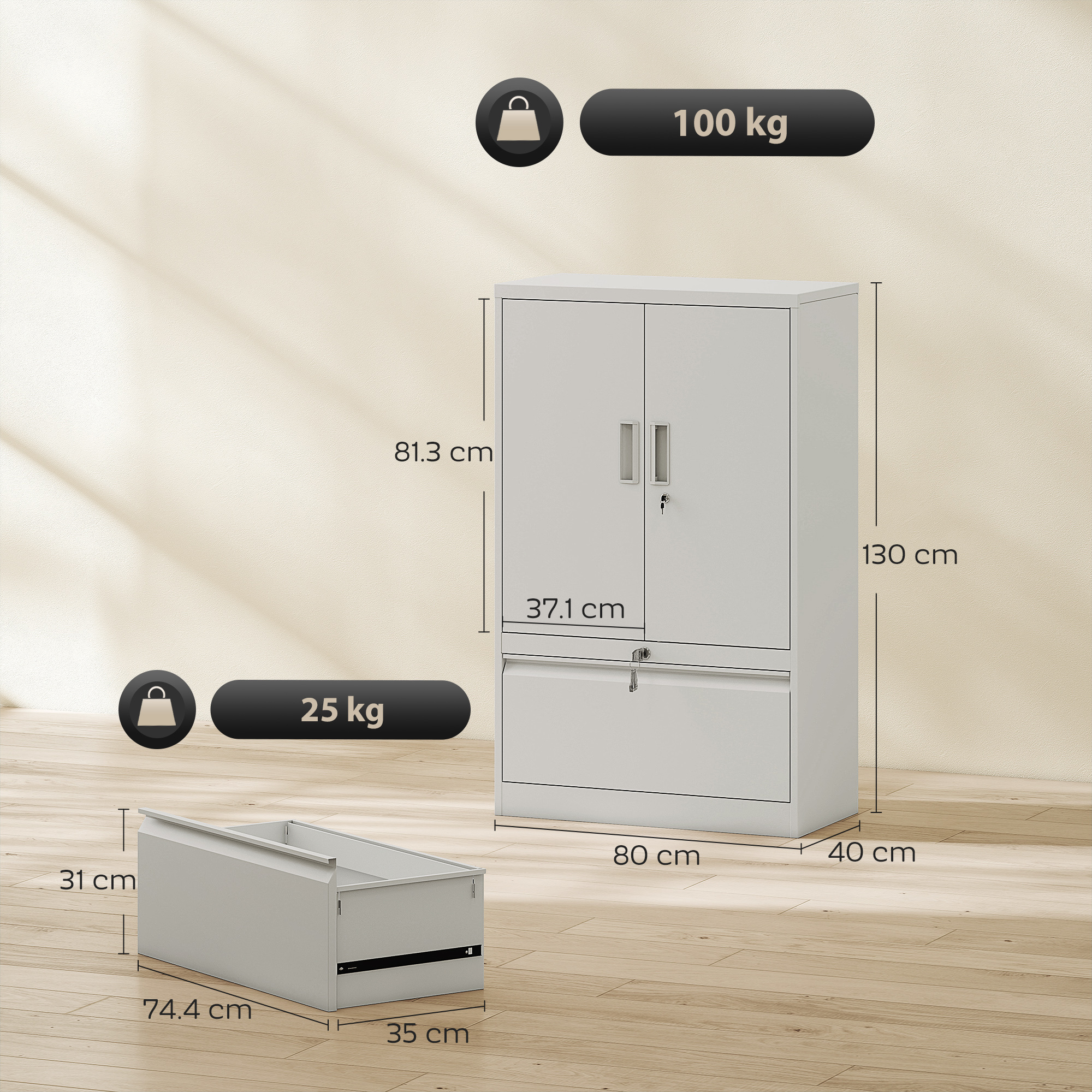  Dulap de Birou din Otel cu Raft Interior Reglabil si Sertar, 80x40x130 cm, Alb [2]