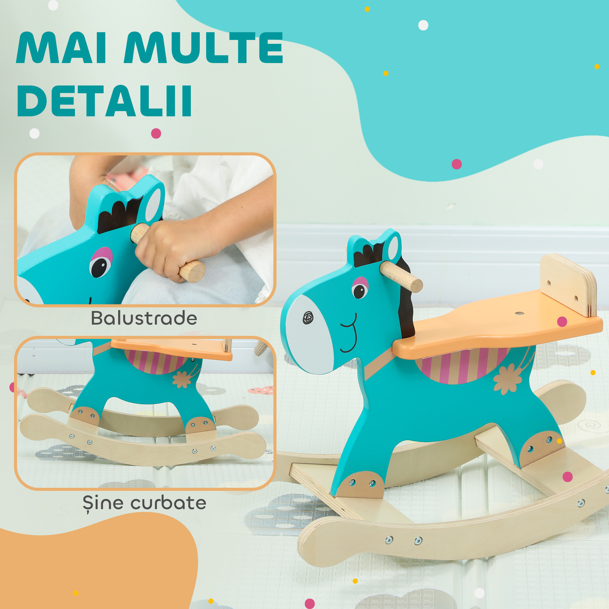  Cal de Lemn in Forma de Magar pentru Copii cu Baza Larga, din Lemn, 59x27x43 cm, Verde inchis si Portocaliu [4]