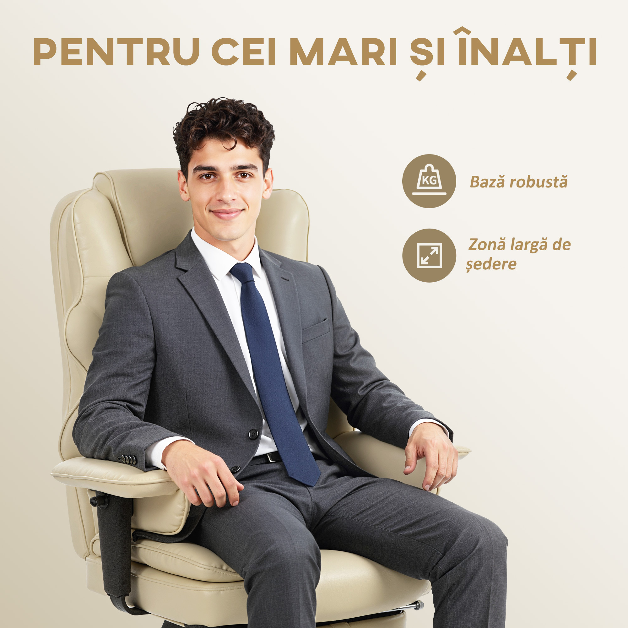 , Scaun de Birou, Cu Suport pentru Picioare si Tetiera, din Piele PU, Spuma si Metal, 76x73x117-125 cm, Crem [5]