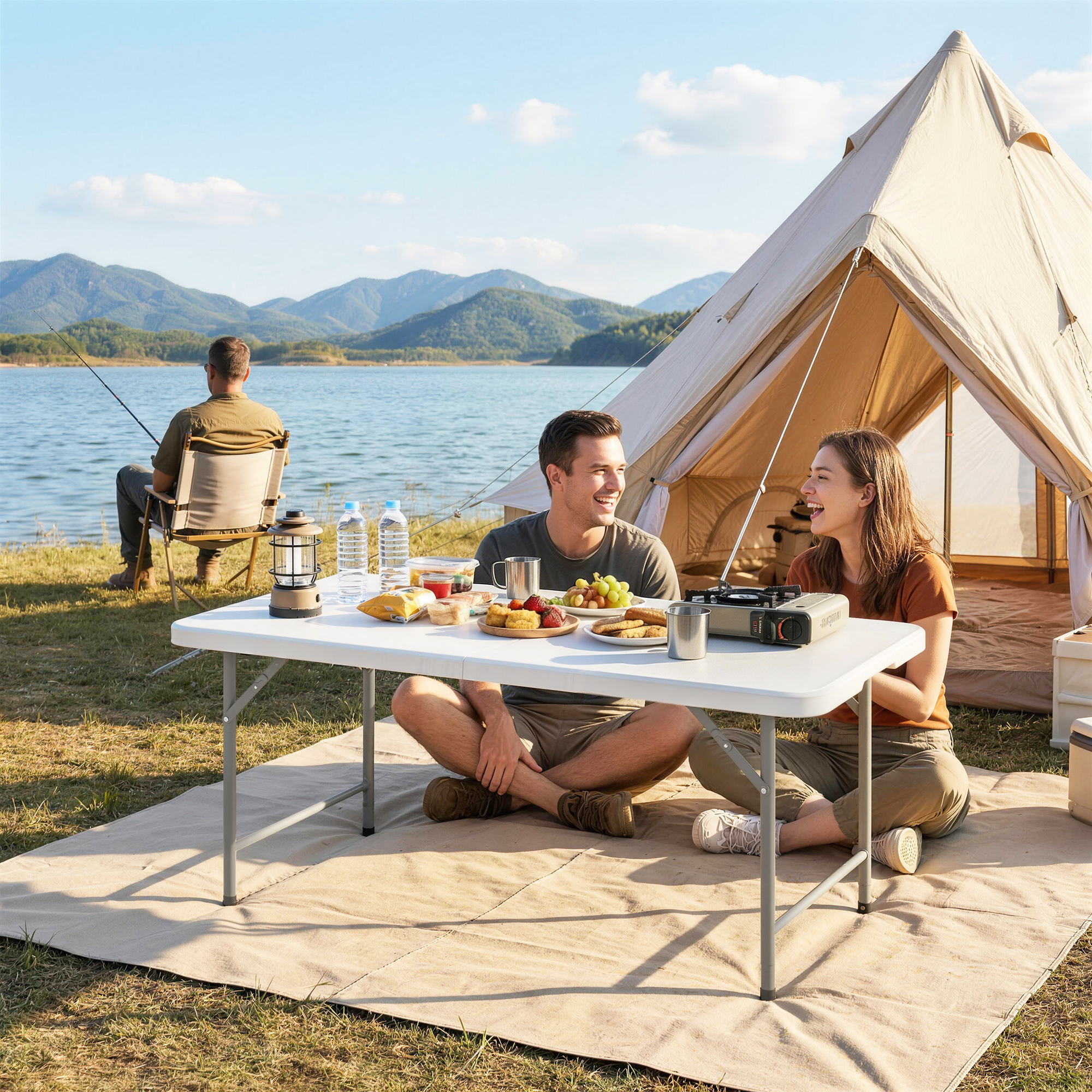  Masa de Camping Pliabila cu 2 inaltimi si Maner, din HDPE, 120x60x74 cm, Alb [6]