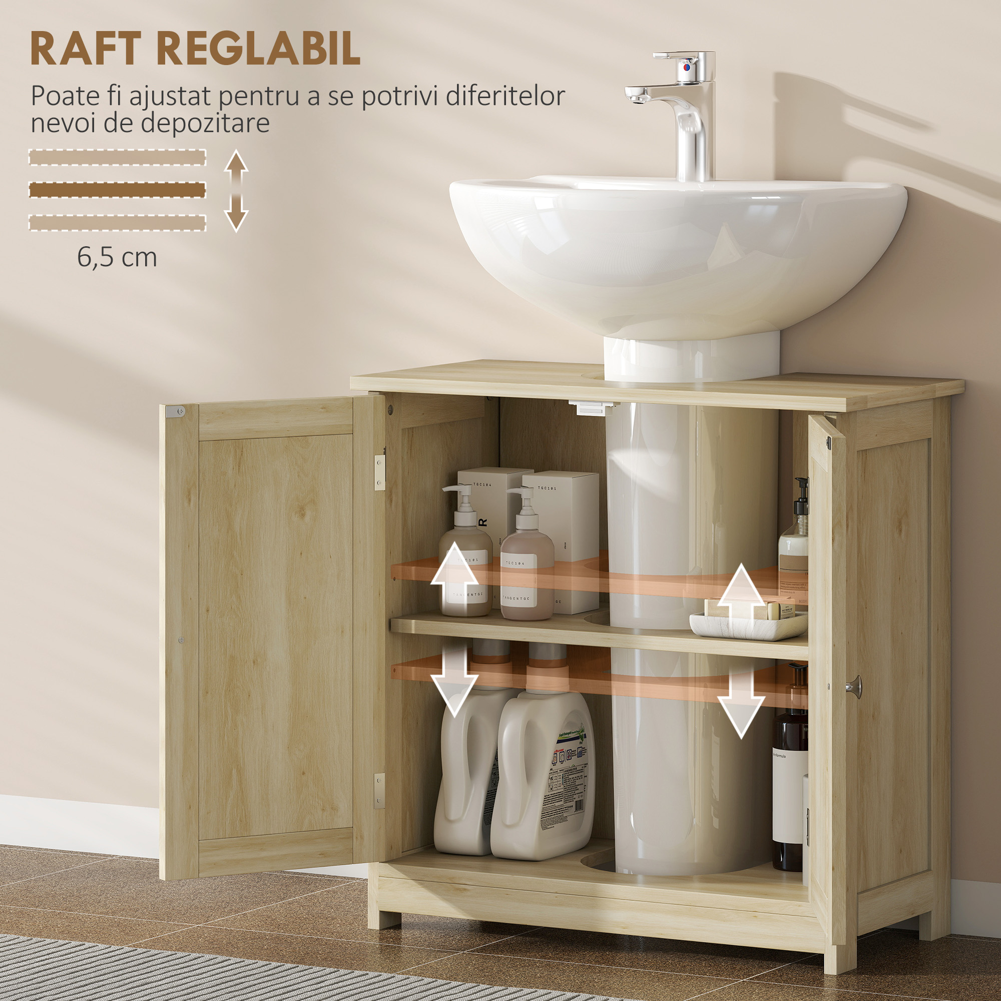  Dulap Sub Chiuveta cu 2 Usi si Raft Reglabil, Dulap de Baie Spatios cu Decupaj in Forma de U, 60x30x60 cm, Alb [5]