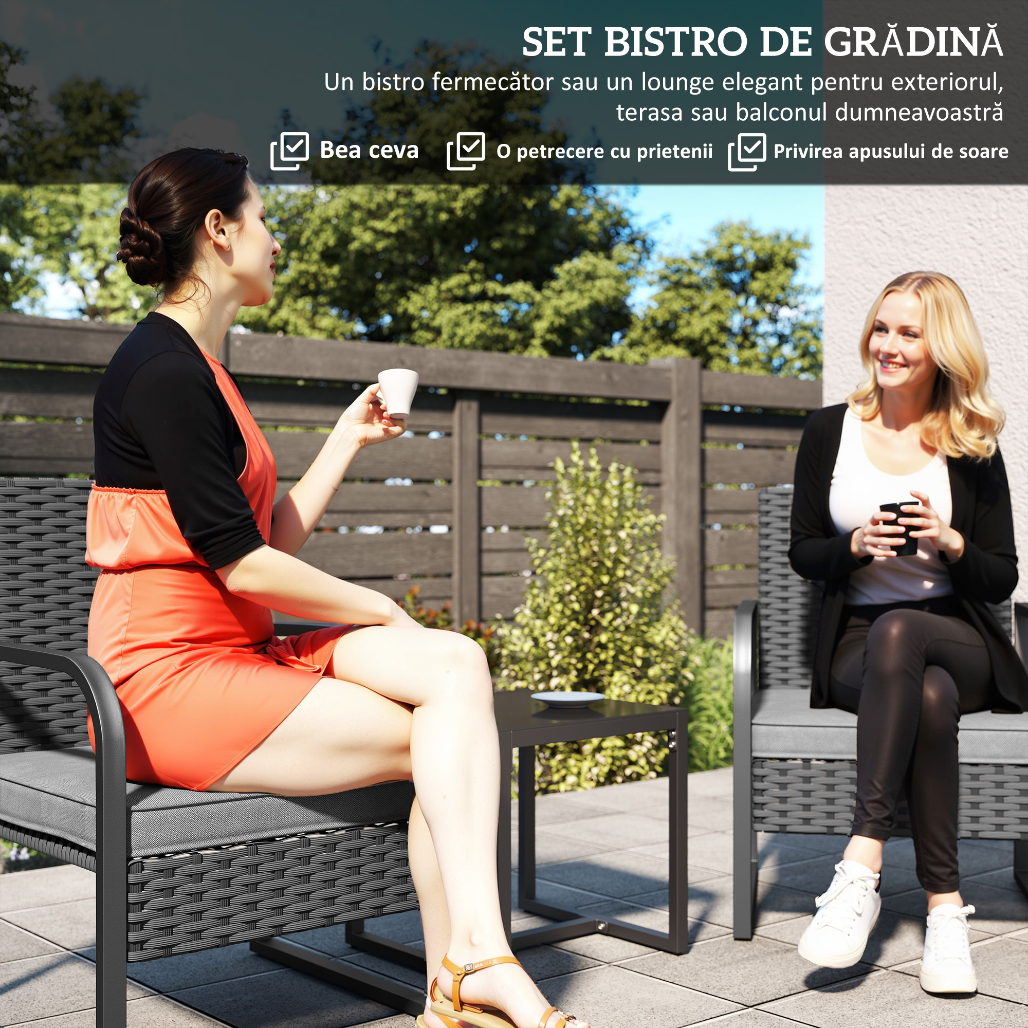 Set de Gradina 3 Piese din Rattan PE si Otel, Set cu 2 Fotolii si Perne Lavabile, Masa de Cafea cu Blat din Sticla, Mobilier de Balcon pentru Terasa sau Curte, Gri inchis si Negru [3]