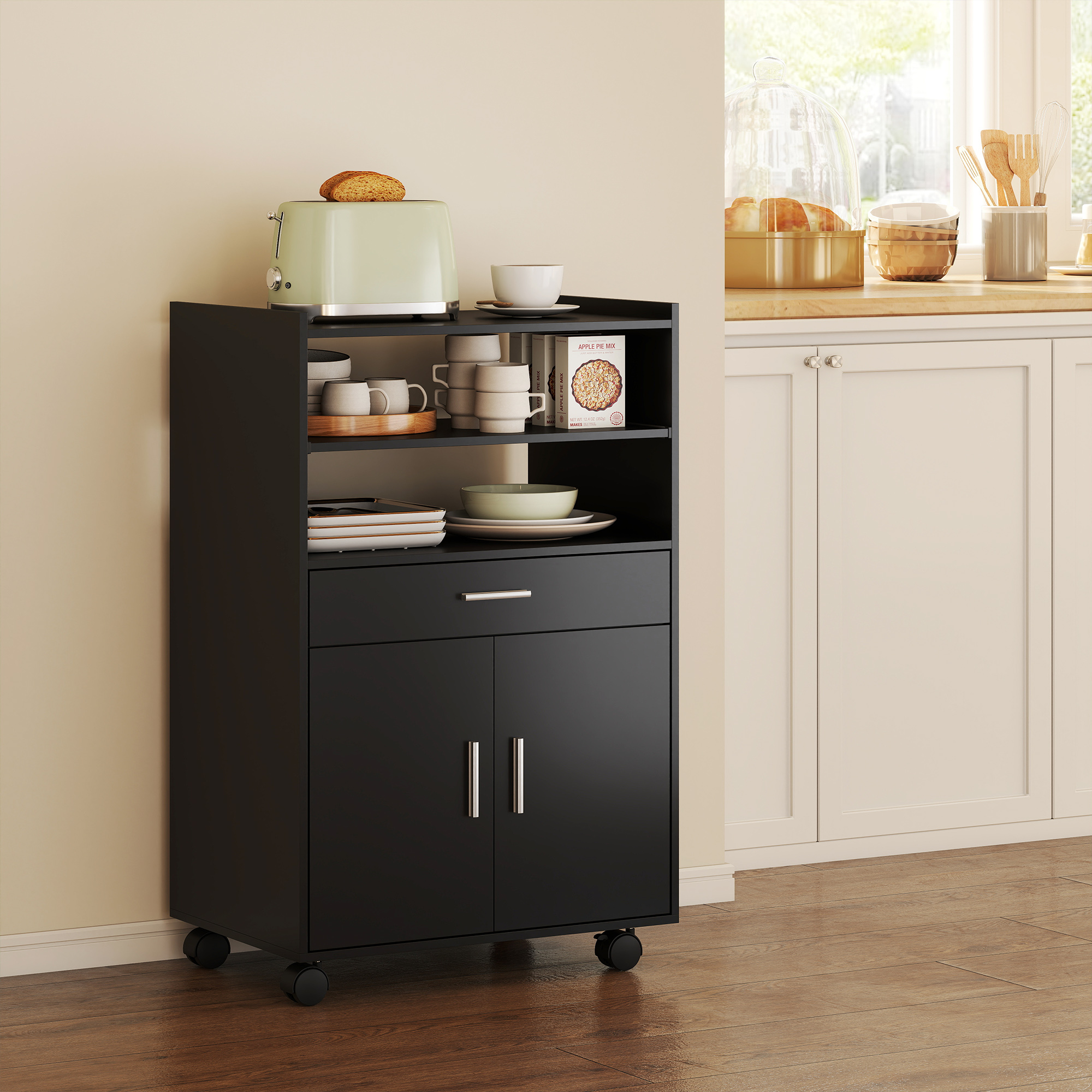  Dulap pentru Cuptorul cu Microunde cu Sertar, Dulap si 2 Rafturi Negru [7]