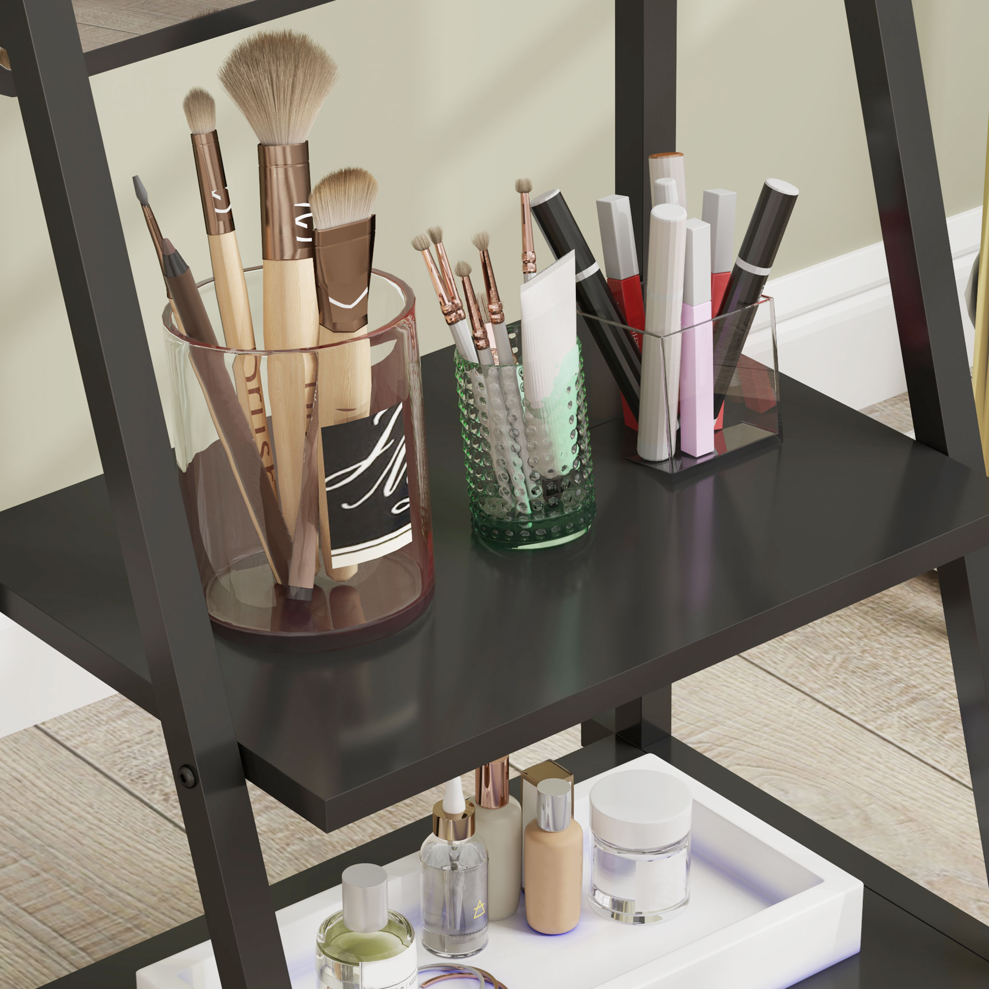  Oglinda Verticala de Podea cu 2 Rafturi si 4 Roti, din Otel si Lemn, 42x37x155 cm, Negru [8]