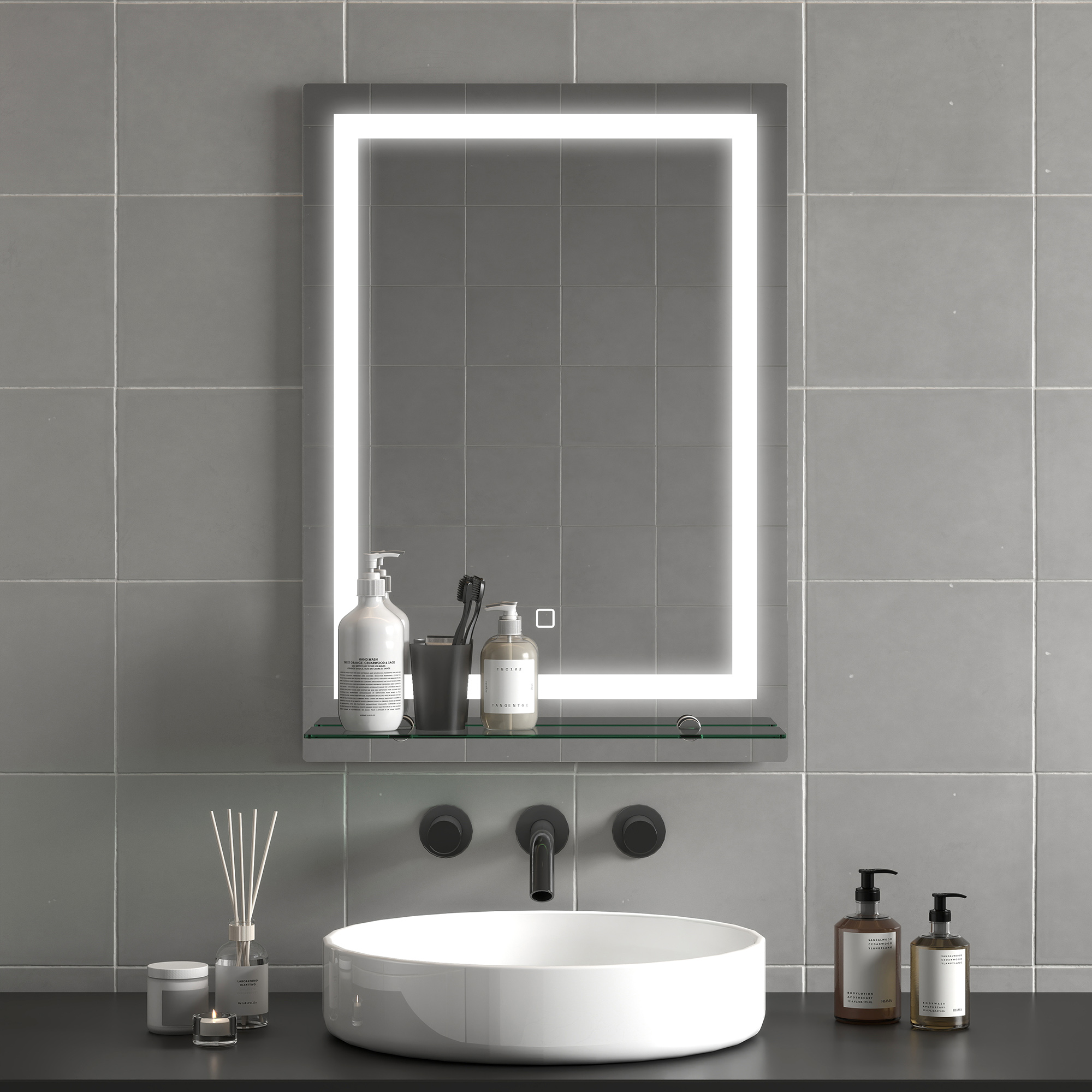  Oglinda de baie cu lumini LED reglabila in 3 culori, cu raft din sticla, 50x12x70 cm, argintiu [5]