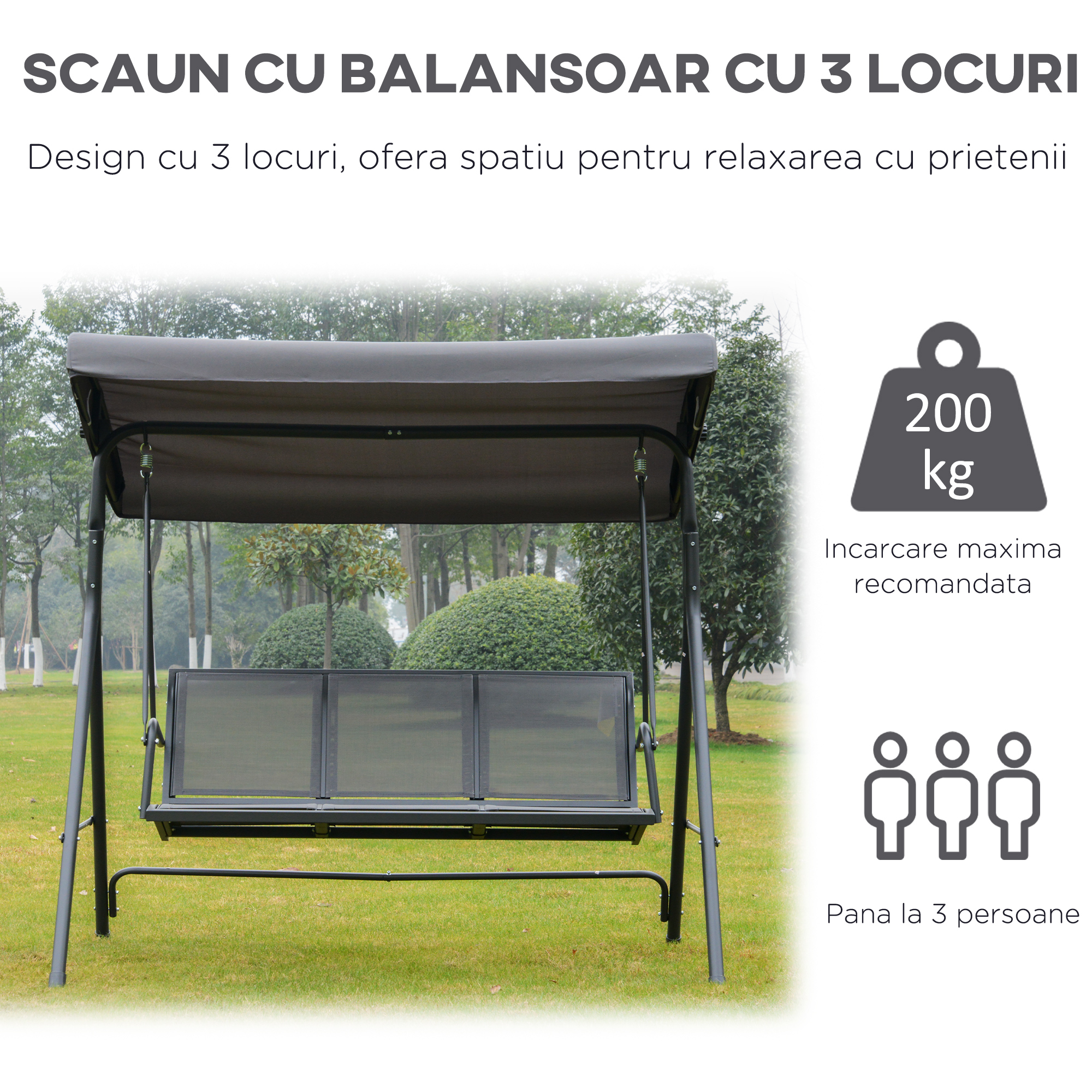  leagan 3 locuri, cu acoperis, 178x111x155cm gri [5]