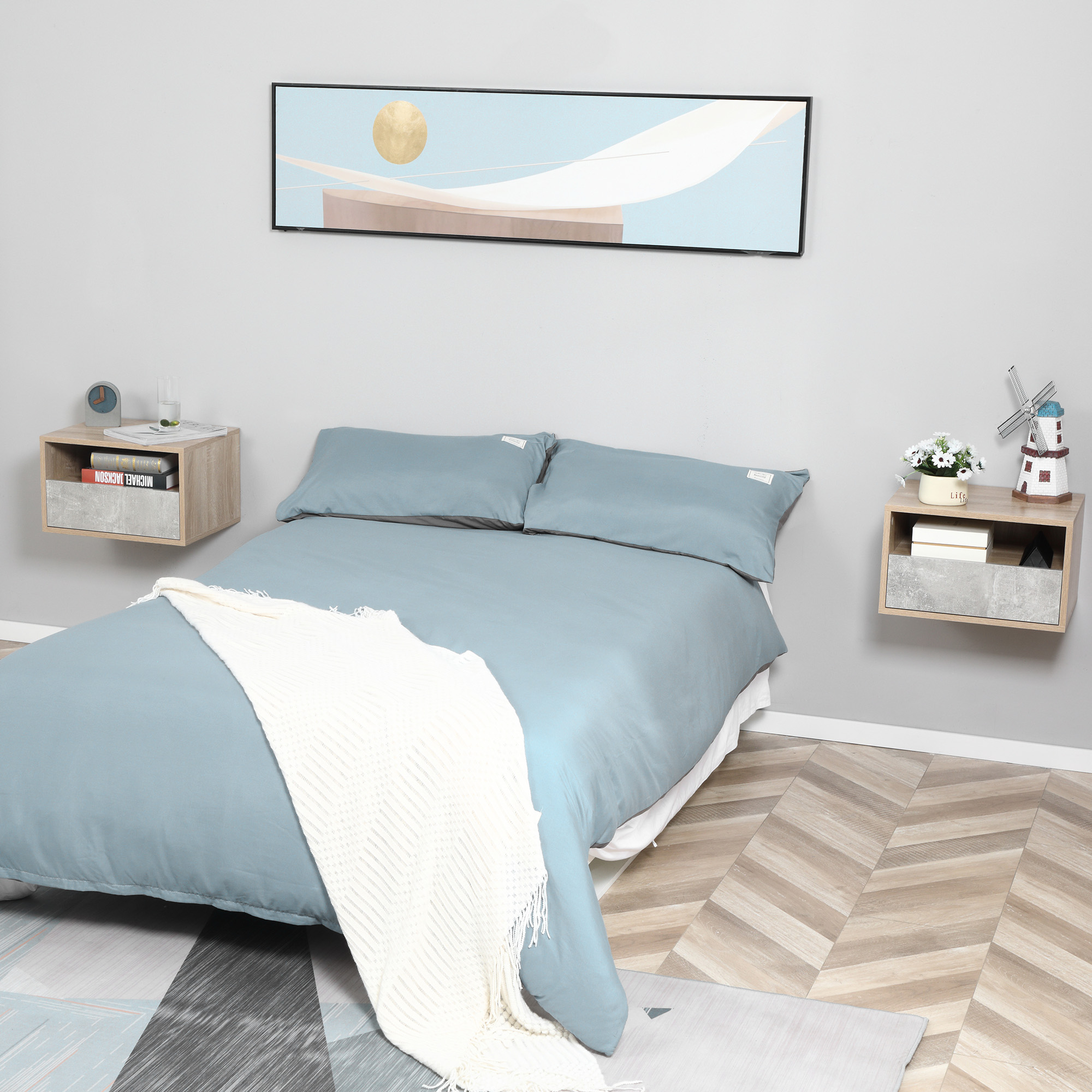  Set de 2 Noptiere Suspendate cu Sertar si Etajera 45x35x27.5cm - Gri/Culoare Lemn [1]