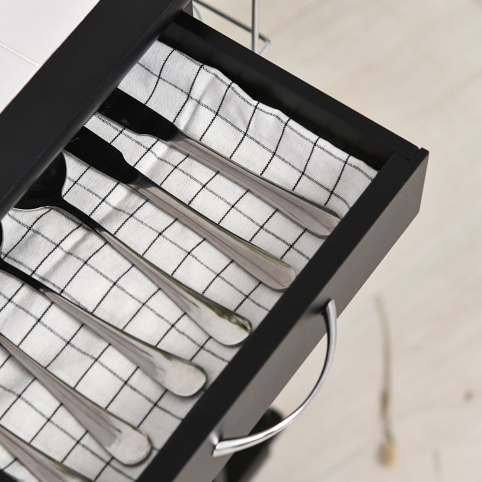  Carucior de Bucatarie cu Sertar, 4 Cosuri de Fructe Detasabile si Blat de Ceramica, 57x37x83 cm, Negru [6]