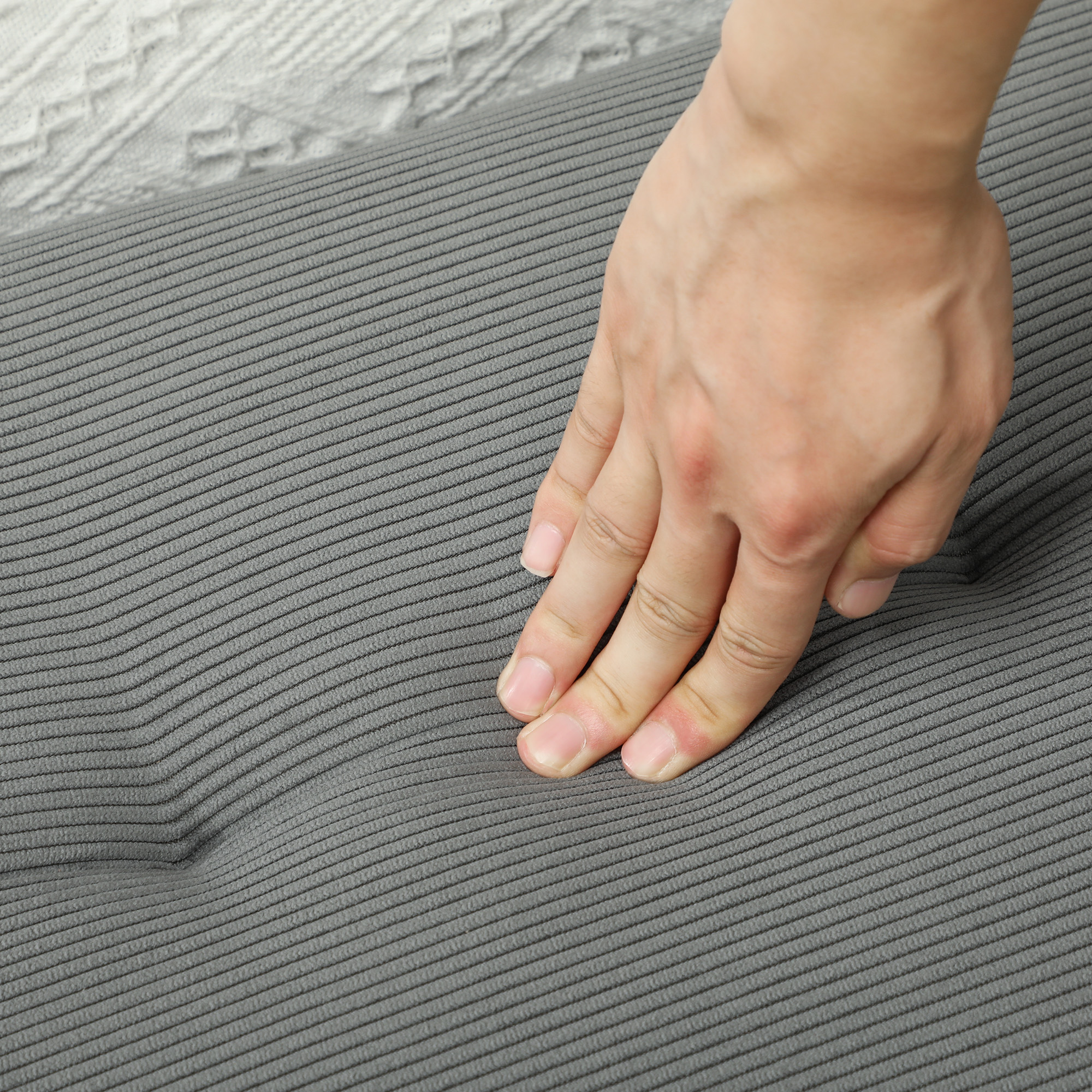  Banca pentru capatul patului matlasata din material textil cu efect catifelat cu nervuri si otel, 100x36x45 cm, gri [8]