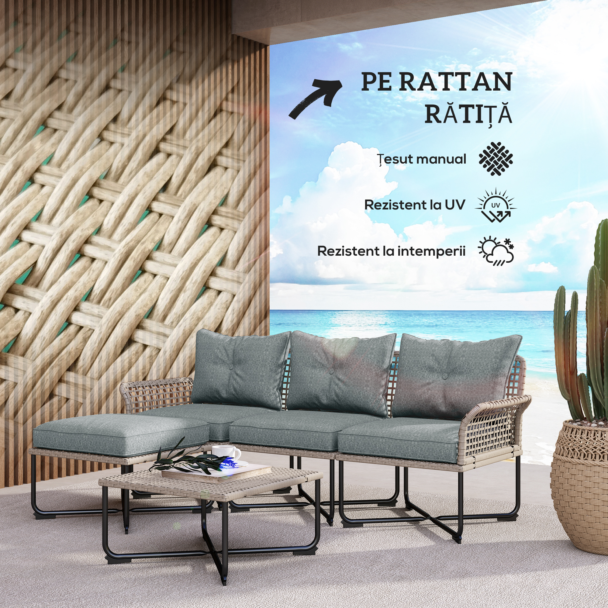  Set de Gradina 5 Piese din Ratan cu 2 Scaune Laterale, Scaun Central si 2 Tabluri/Masute de Cafea [3]