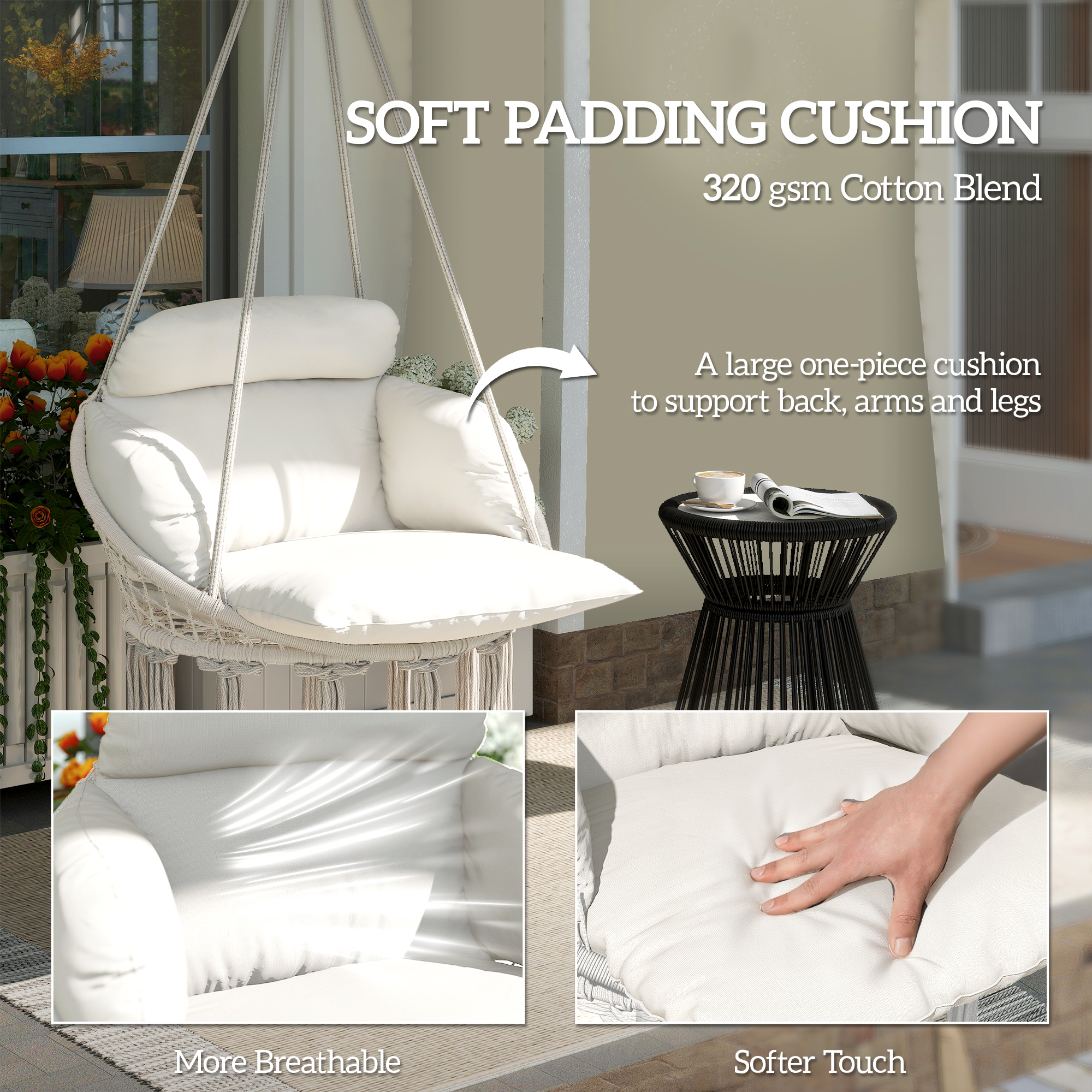  Fotoliu Suspendat de Exterior in Stil Boho cu Franjuri, Perna, Corzi si Inele, 80x60x40 cm, Crem [3]