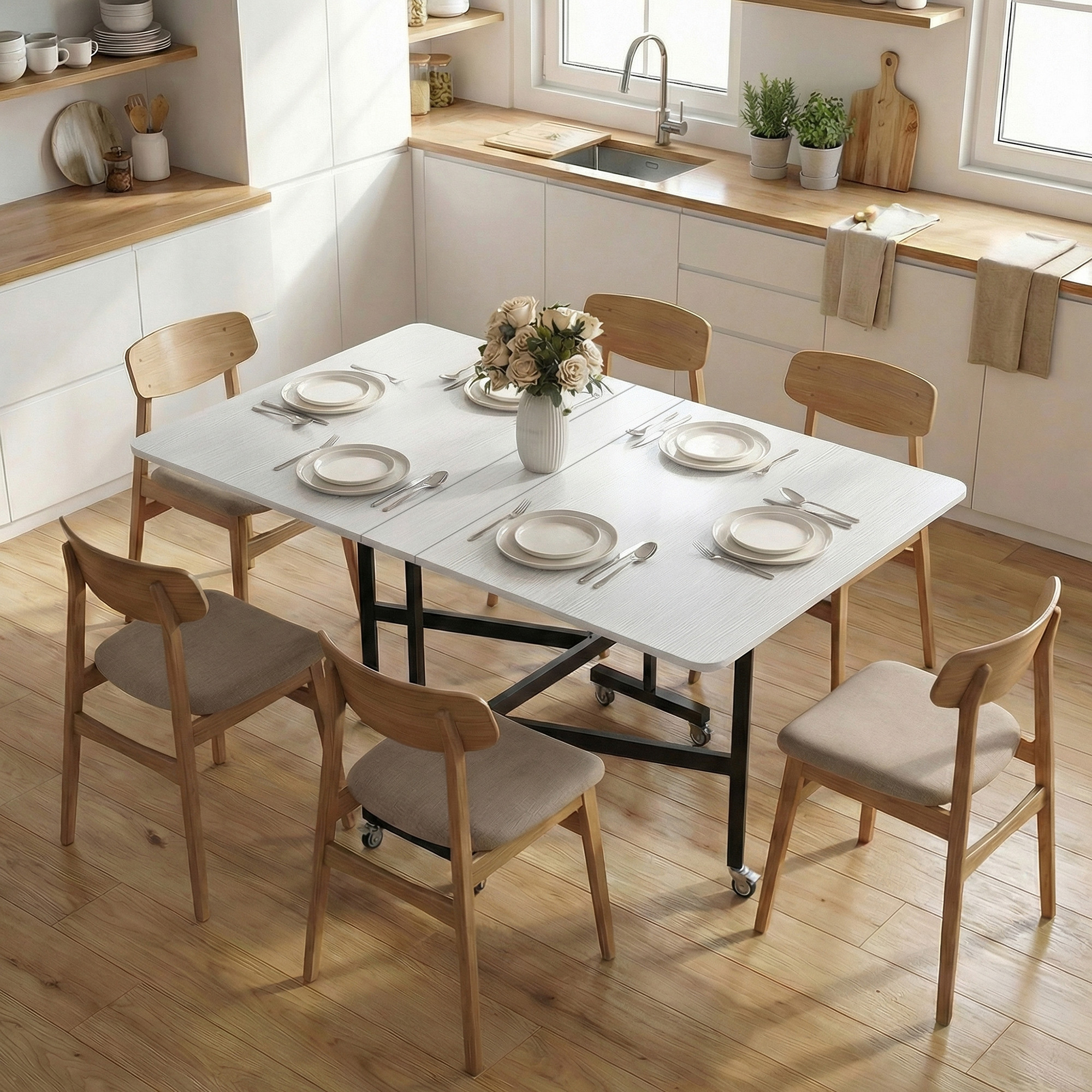  Masa pliabila pentru 4-6 persoane cu 2 extensii si roti cu frana, 120x80x73 cm, alb cu aspect de lemn [1]