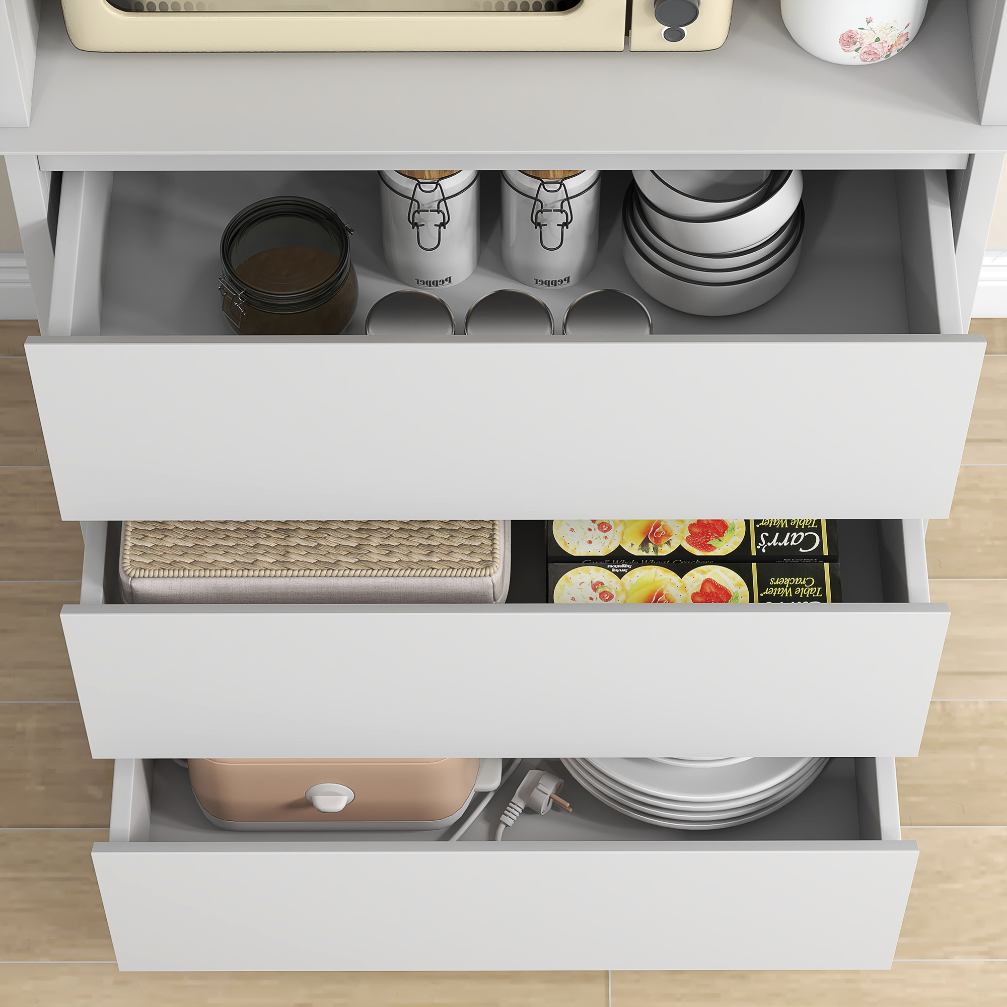  Dulap de Bucatarie inalt cu Dulap Superior pe 2 Niveluri si 3 Sertare, din MDF, 68x38x172 cm, Alb [8]