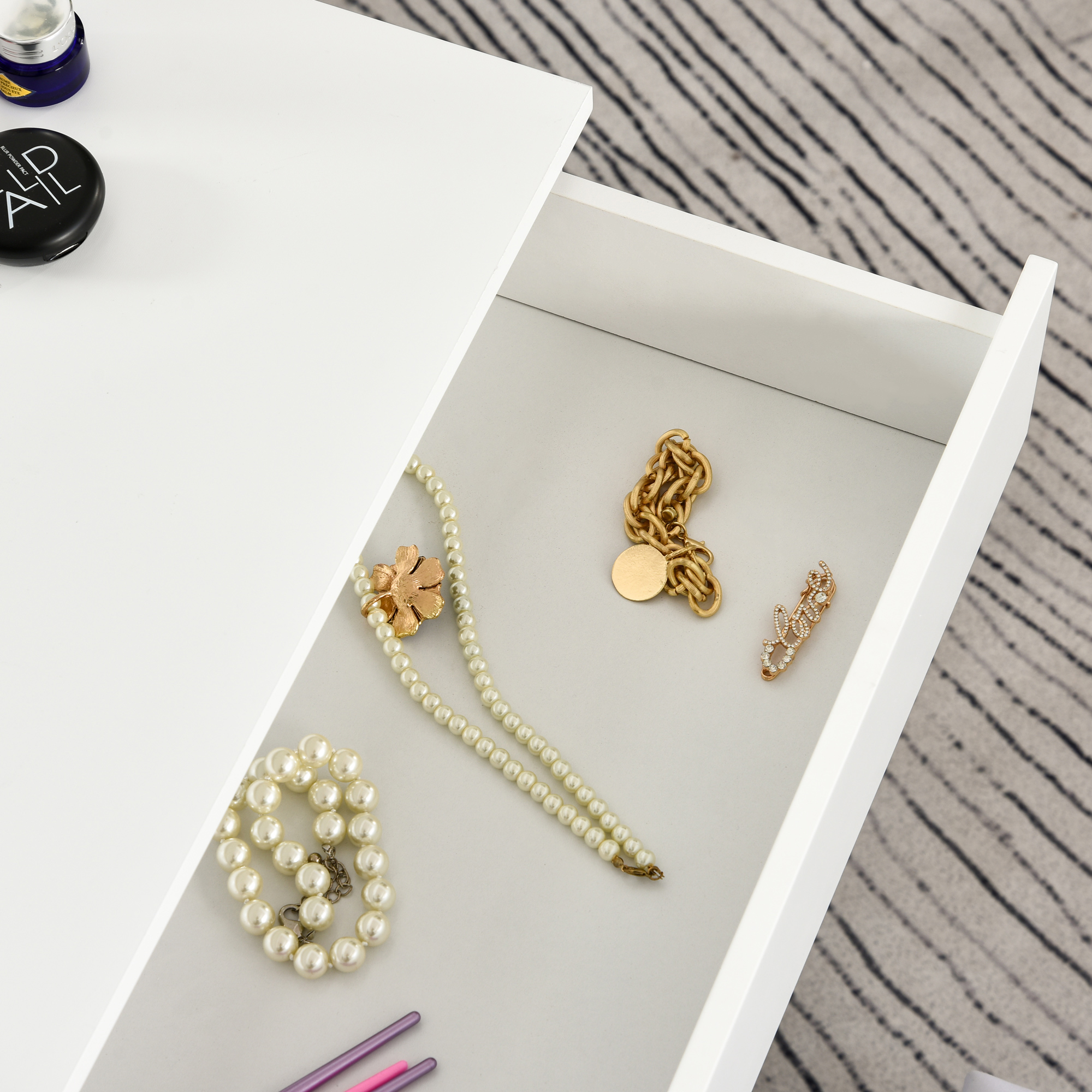  Masa Machiaj cu Oglinda LED 12 Lumini, Set cu Scaun Tapitat si Sertar Spatios, Mobilier pentru Dormitor, 80x40x140 cm, Alb [7]