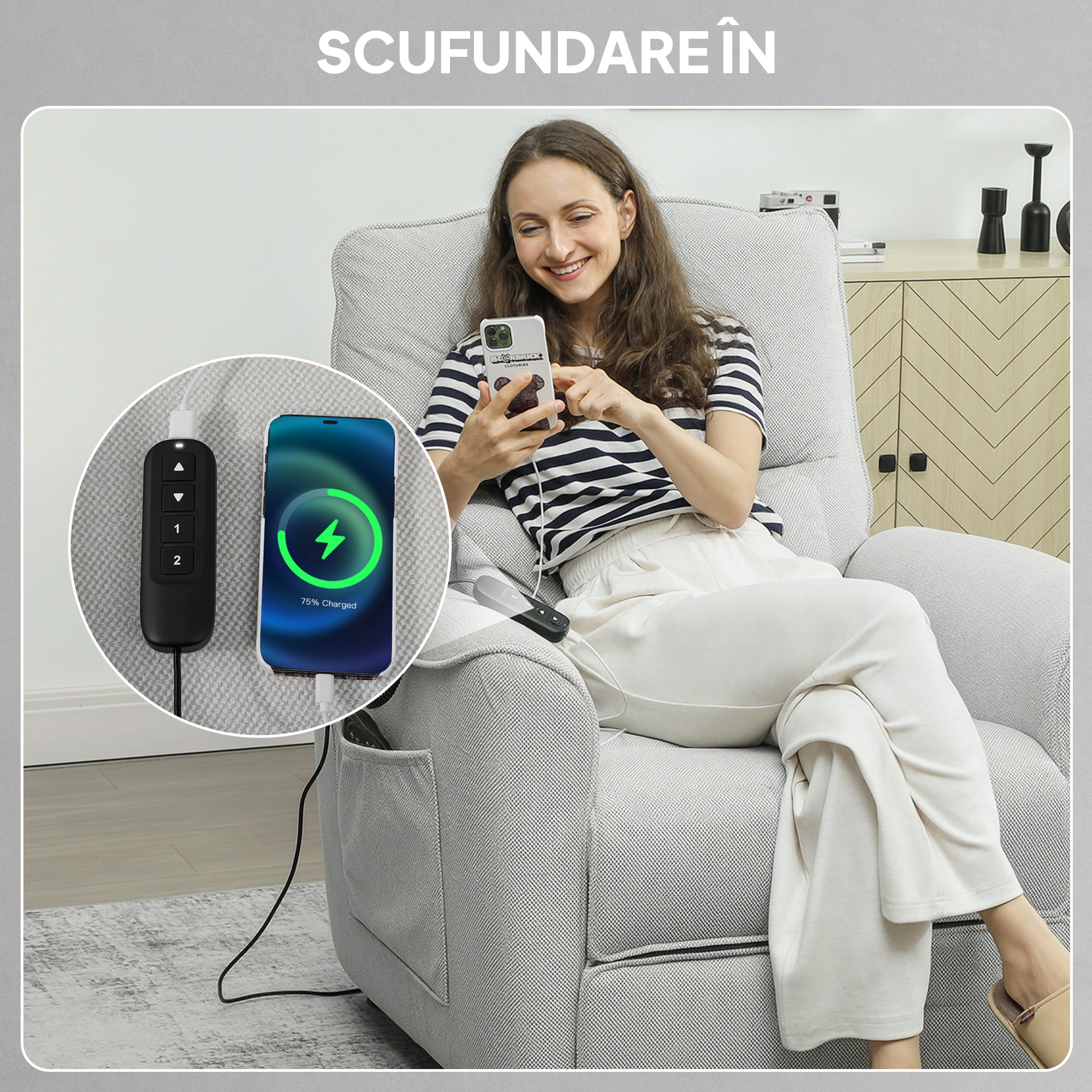  Fotoliu Rabatabil cu incalzire, 8 Puncte de Masaj si 5 Moduri, tesatura Chenille, Gri Deschis [8]