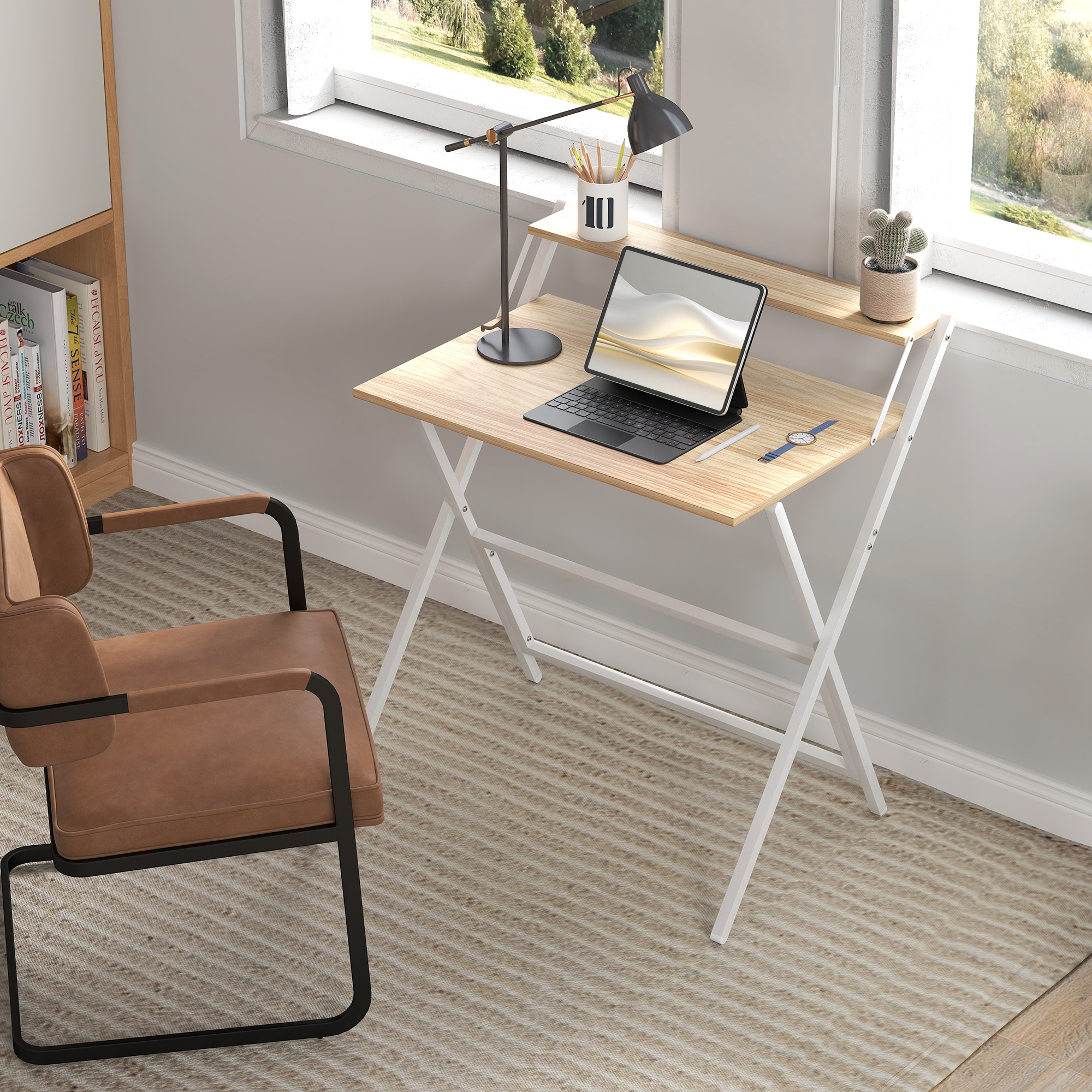  Birou Compact Pliabil cu Suport Monitor, 81,5x62x86,5 cm, Lemn [6]