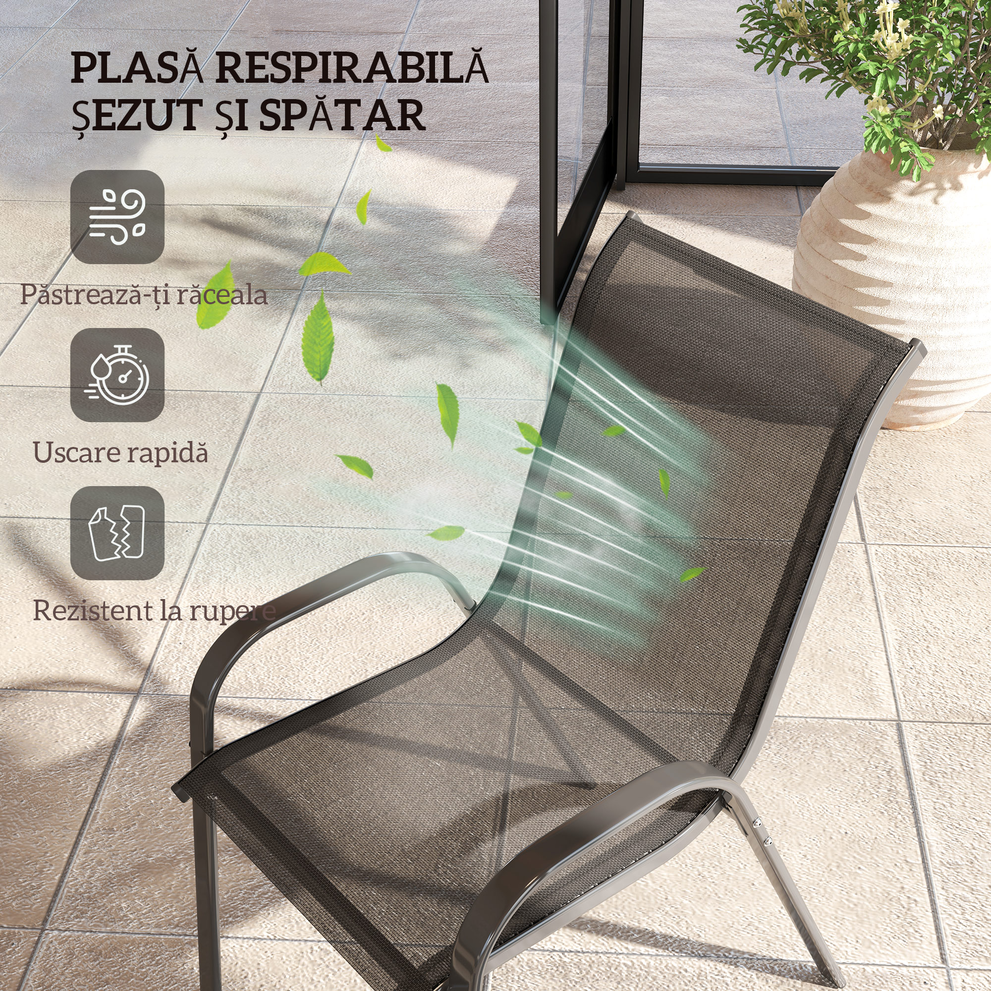  Set de 2 Scaune de Exterior pentru Pranz, Scaune Suprapozabile cu Spatar inalt, Plasa Respirabila pentru Gradina sau Terasa, Negru [4]