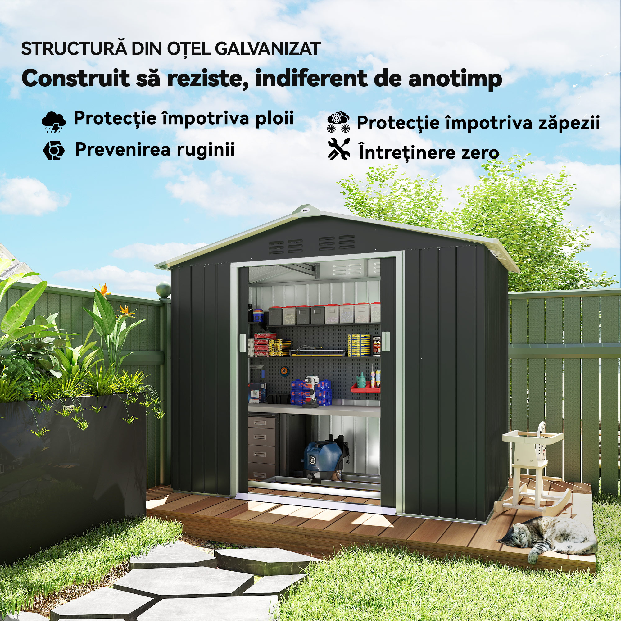 Casuta din Metal 2,77 m²  213 x 130 x 185 cm cu Fundatie, Usi Glisante Gri inchis [4]