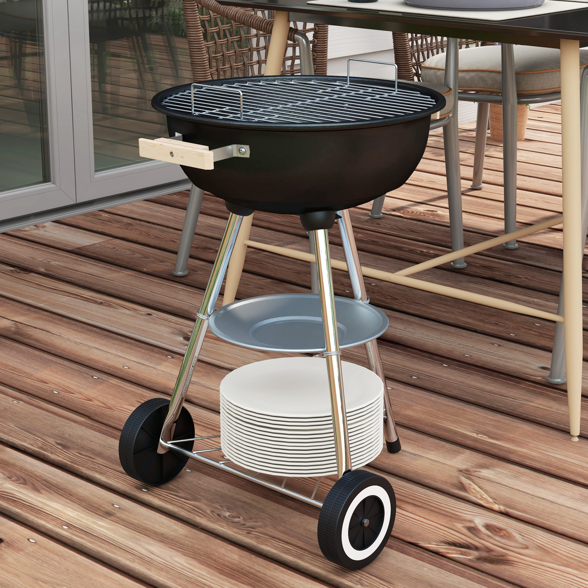  Gratar cu Carbuni, Grilaj Metalic, Capac, Orificii de Aerisire, Roti, Raft si Maner, 48x56x94 cm, Negru [8]