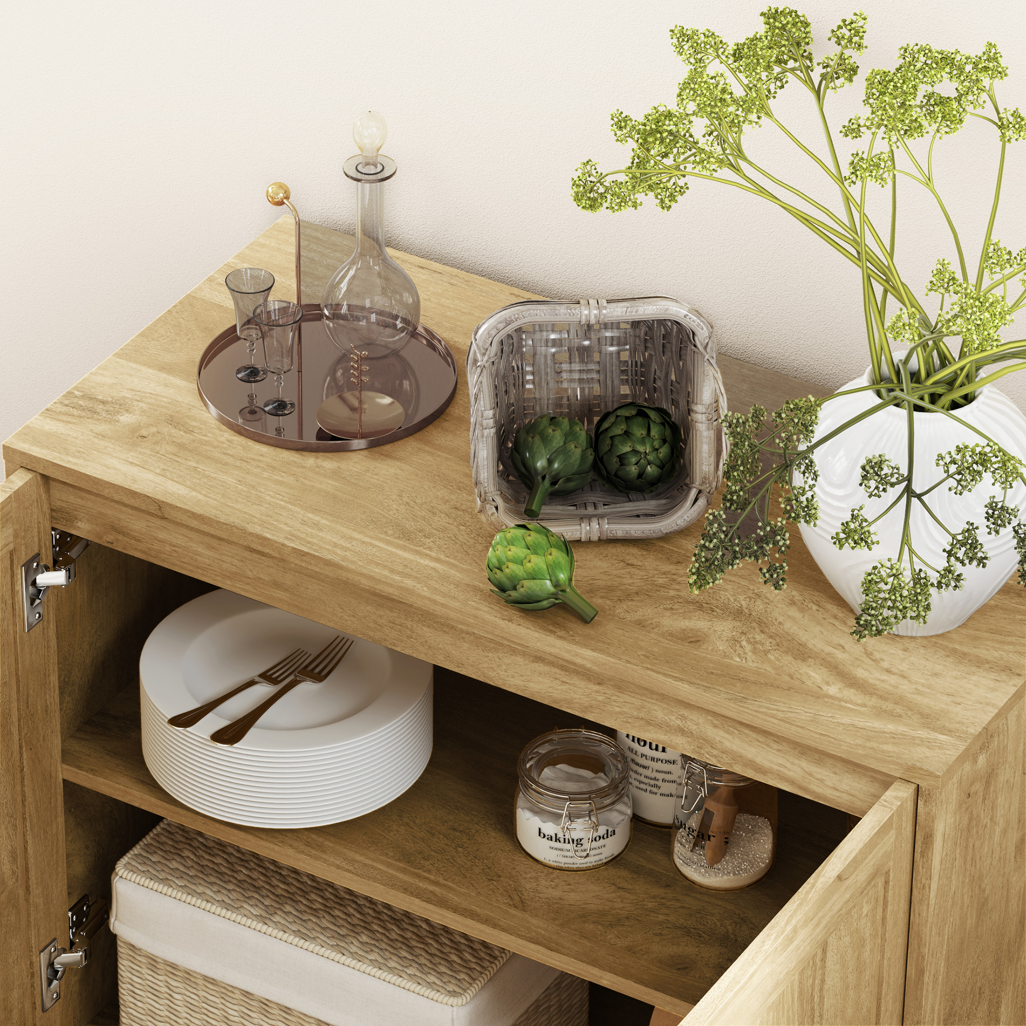  Bufet Bucatarie, Dulap Depozitare cu 2 Nivele si Raft Reglabil, Mobilier Pal Melaminat Lemn Natural, 80×40×78 cm [7]