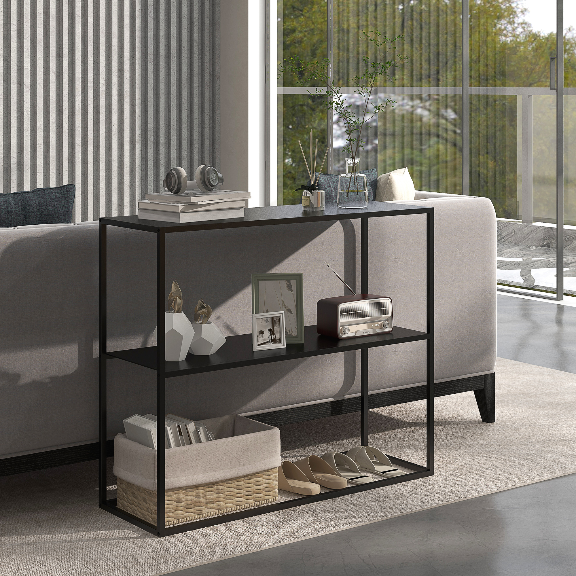  Masa Consola Masa Nordica pentru Hol cu Cadru din Otel Raft Deschis Masa de Canapea Ingusta pentru Camera de Zi Intrare Negru [6]