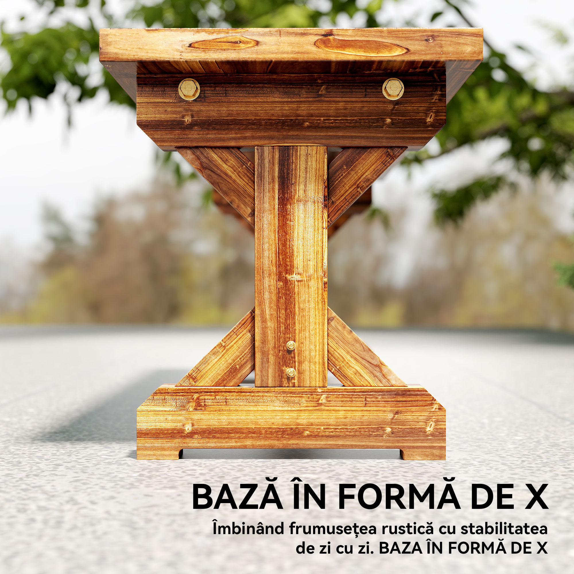  Banca de Gradina cu 2 Locuri din Lemn de Brad cu Baza in Forma de X, Banca Rustica pentru Exterior Fara Spatar, pentru Terasa, Balcon, 114L x 40l x 46i cm, Carbonizata [6]