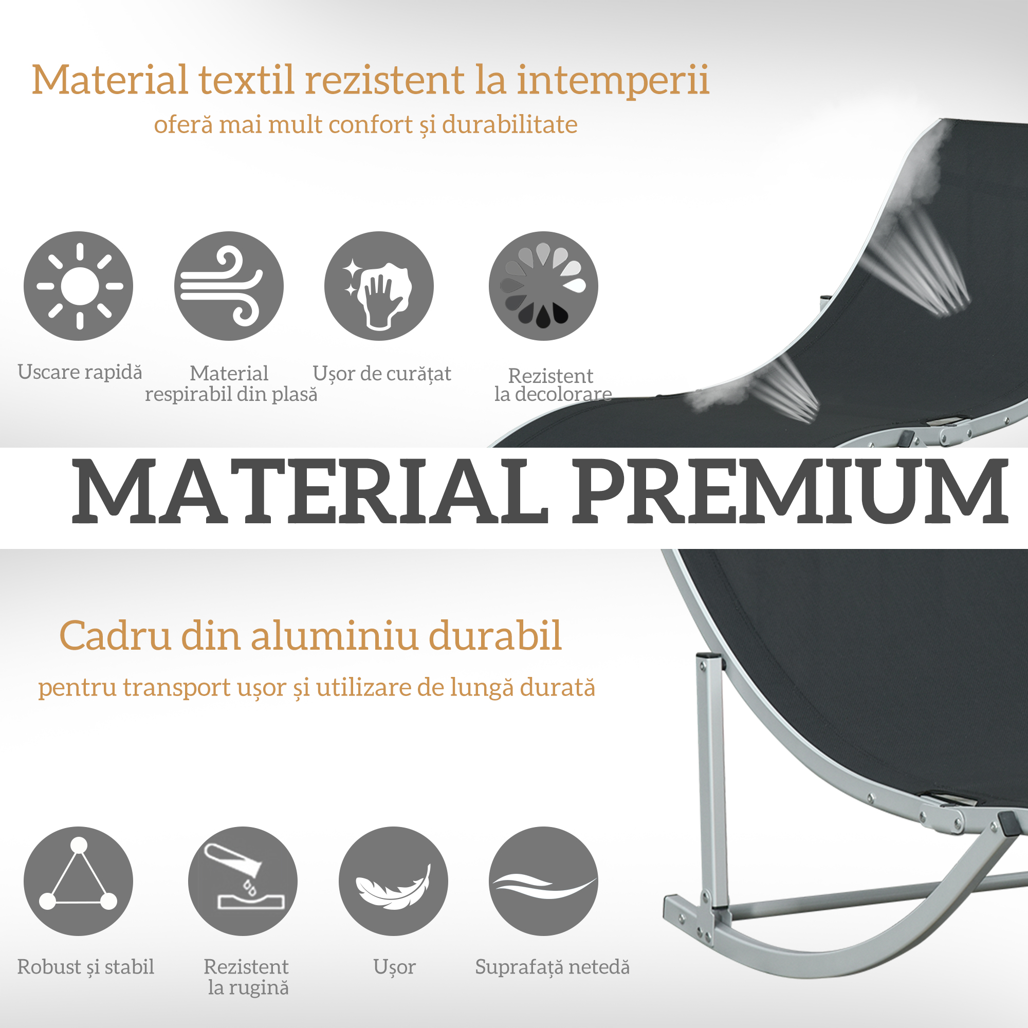  Set 2 sezlonguri de Gradina Pliabile, sezlong pentru Plaja din Aluminiu si Textilen, 61x165x63 cm [5]