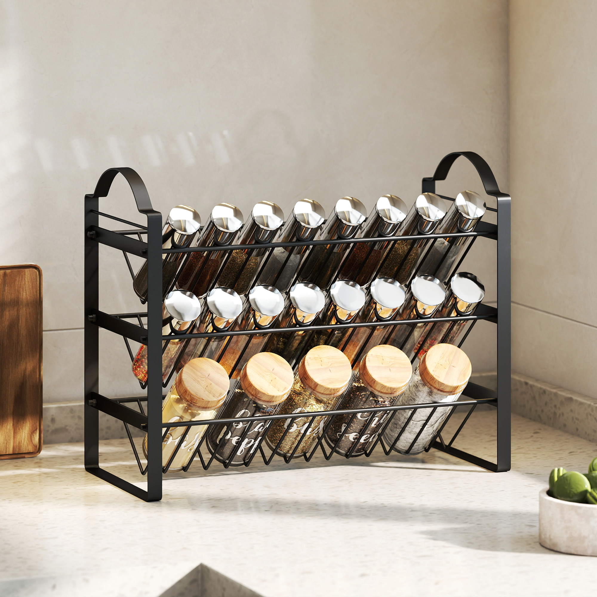  Suport pentru Condimente de Bucatarie cu 3 Rafturi inclinate din Metal Negru [1]