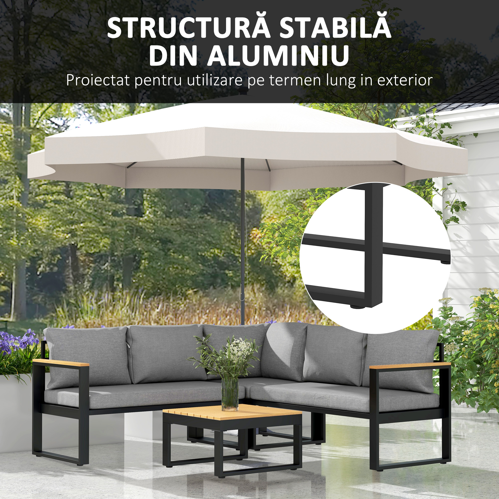  Set de Mobilier pentru Gradina din 4 Piese cu 2 Canapele Duble, Coltar si Masuta de Cafea, 124x61x71,5 cm, Gri [3]