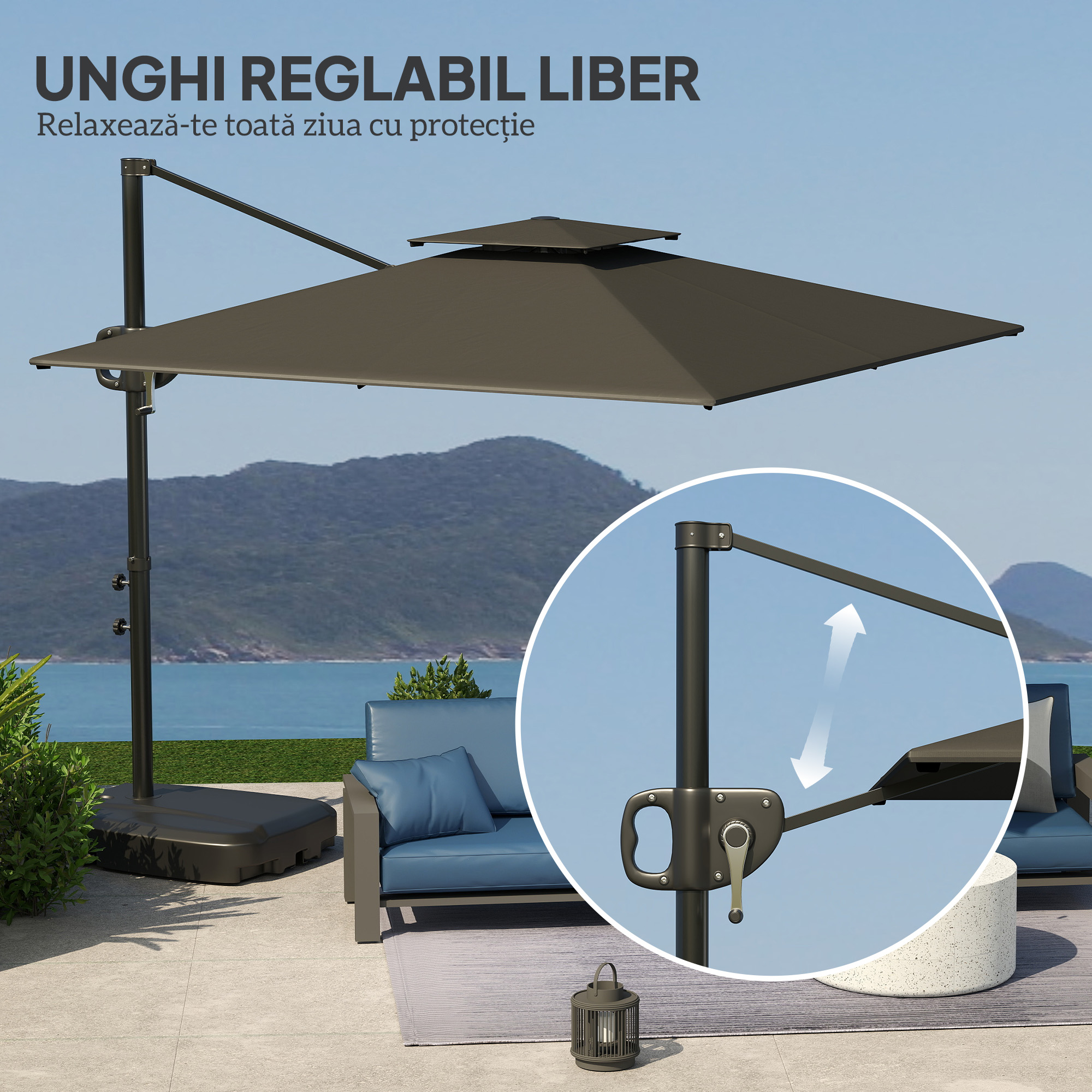  Umbrela Suspendata 2.5x2.5 m cu Baza Umpluta, Manivela si Cap inclinabil, Gri inchis [4]