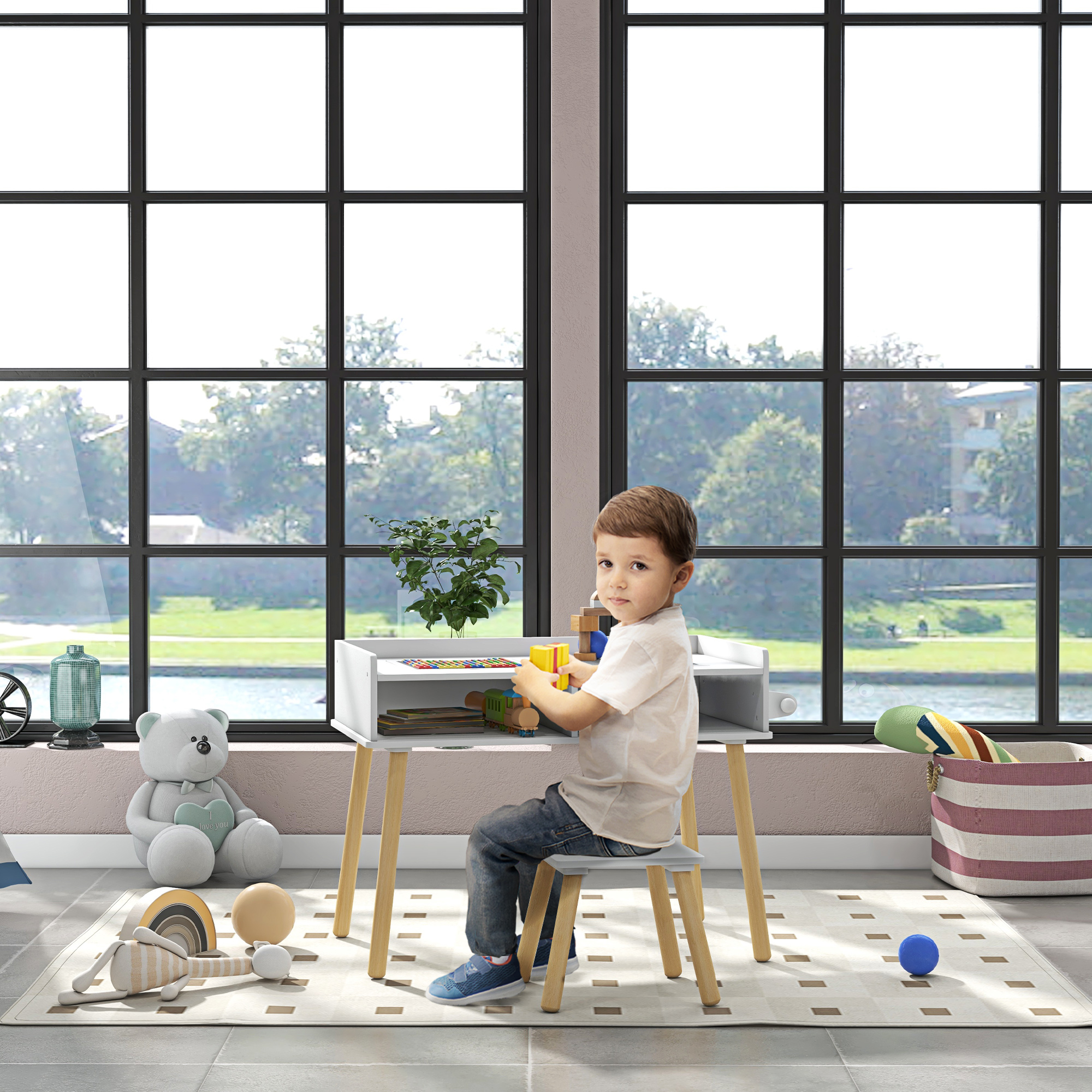  Set de Masa si Scaun pentru Copii, Masa de Activitati pentru Copii Mici 3 in 1 cu Tabla de Constructie, 87x45x59.5 cm, Alb [1]